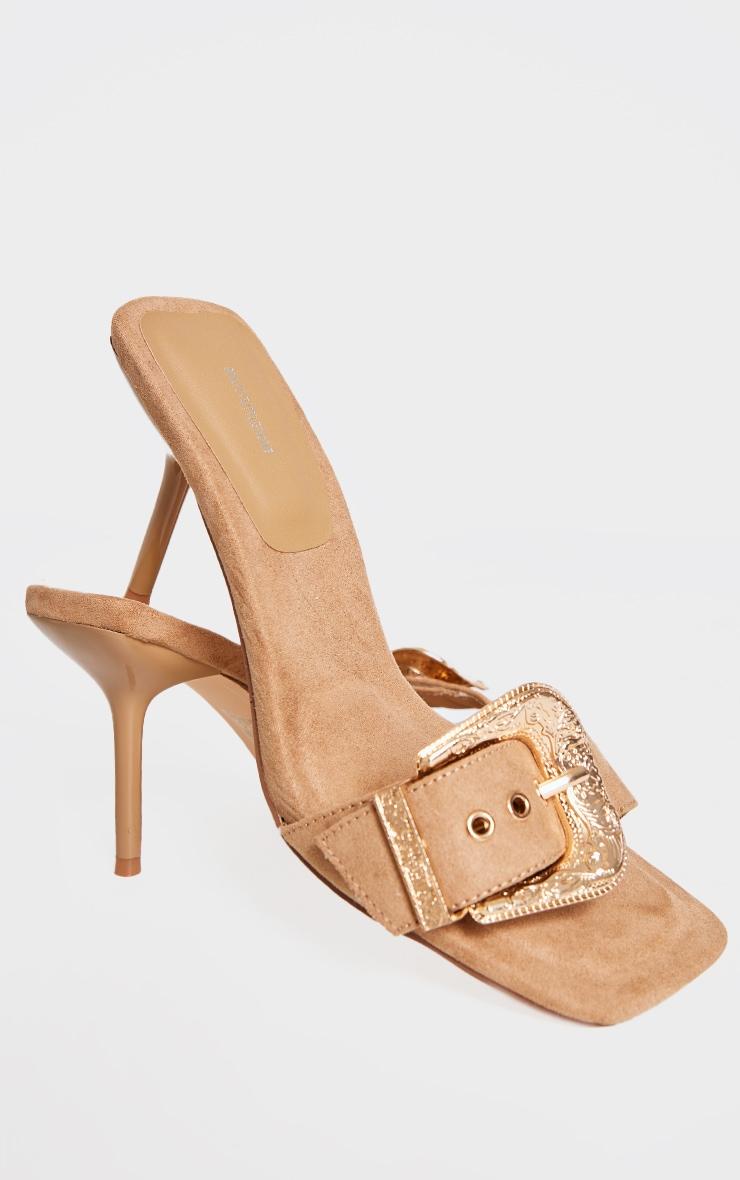 Camel Faux Suede Square Toe Western Buckle High Stiletto Heeled Mules Product Image