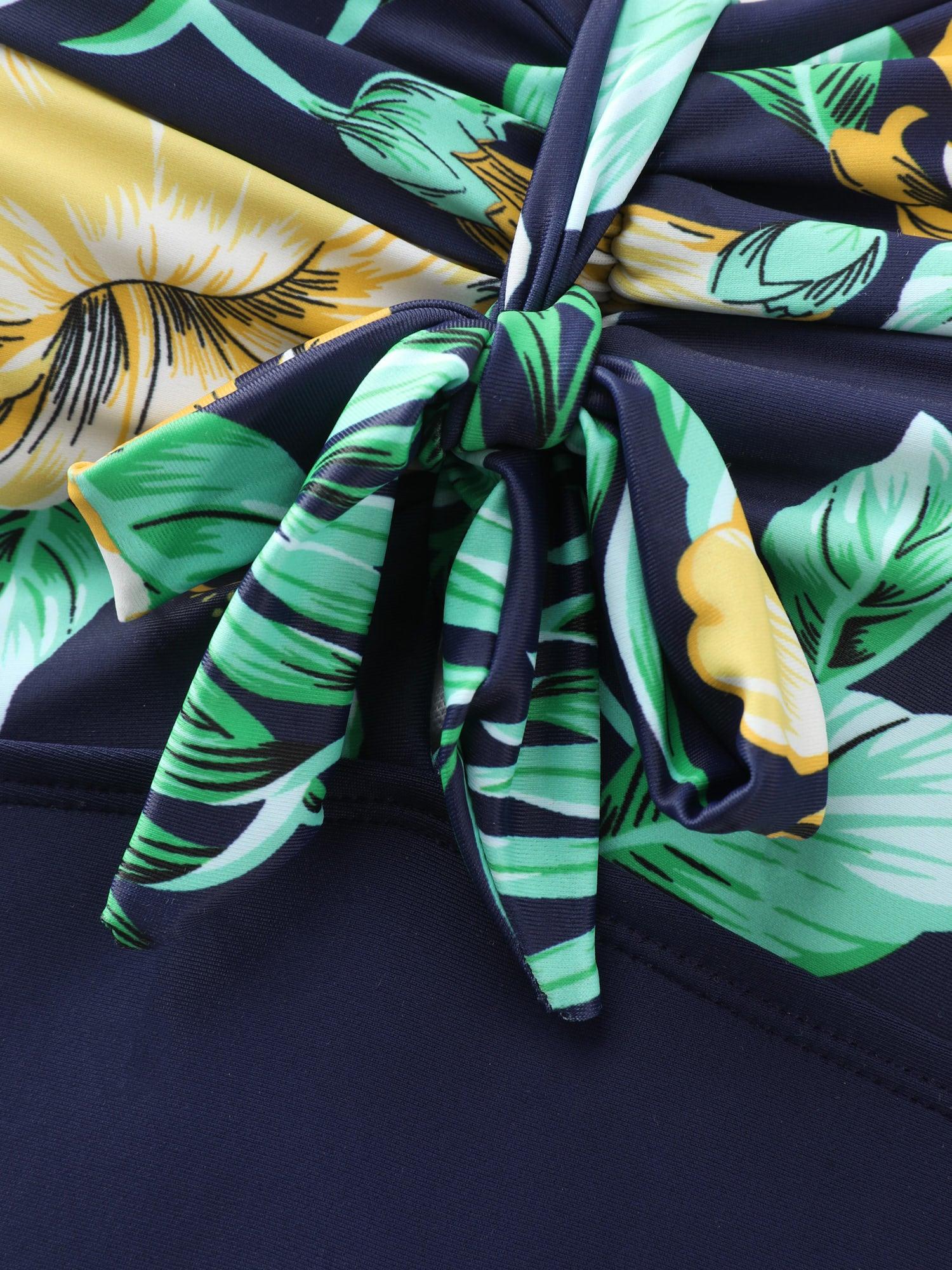 Tropical Print One Piece Swimsuit Sarong Set Female Product Image