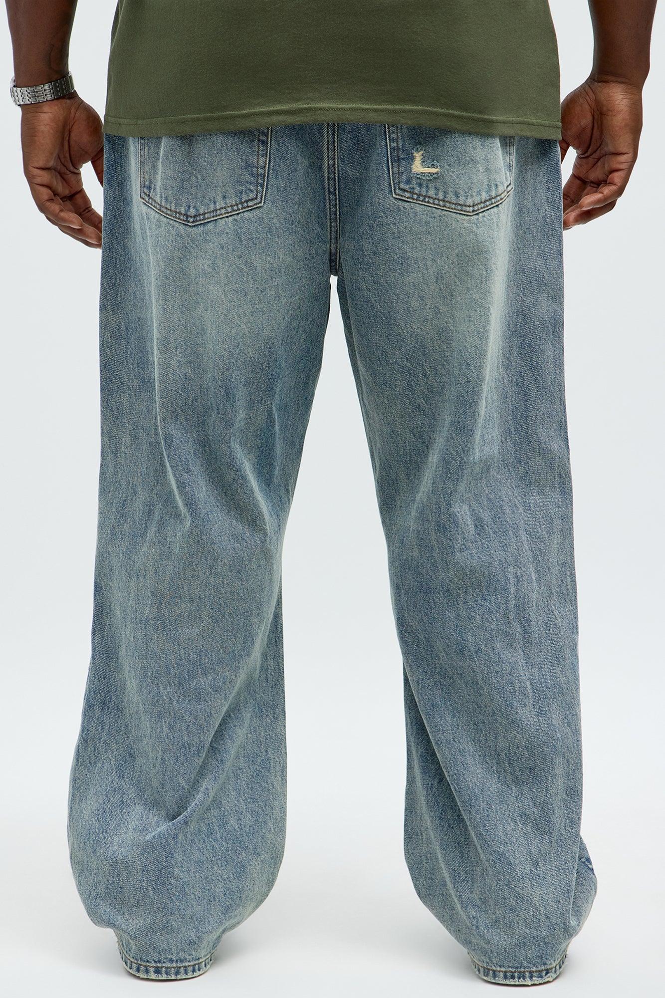Baggy Scattered Distressed Jeans - Medium Blue Wash Male Product Image