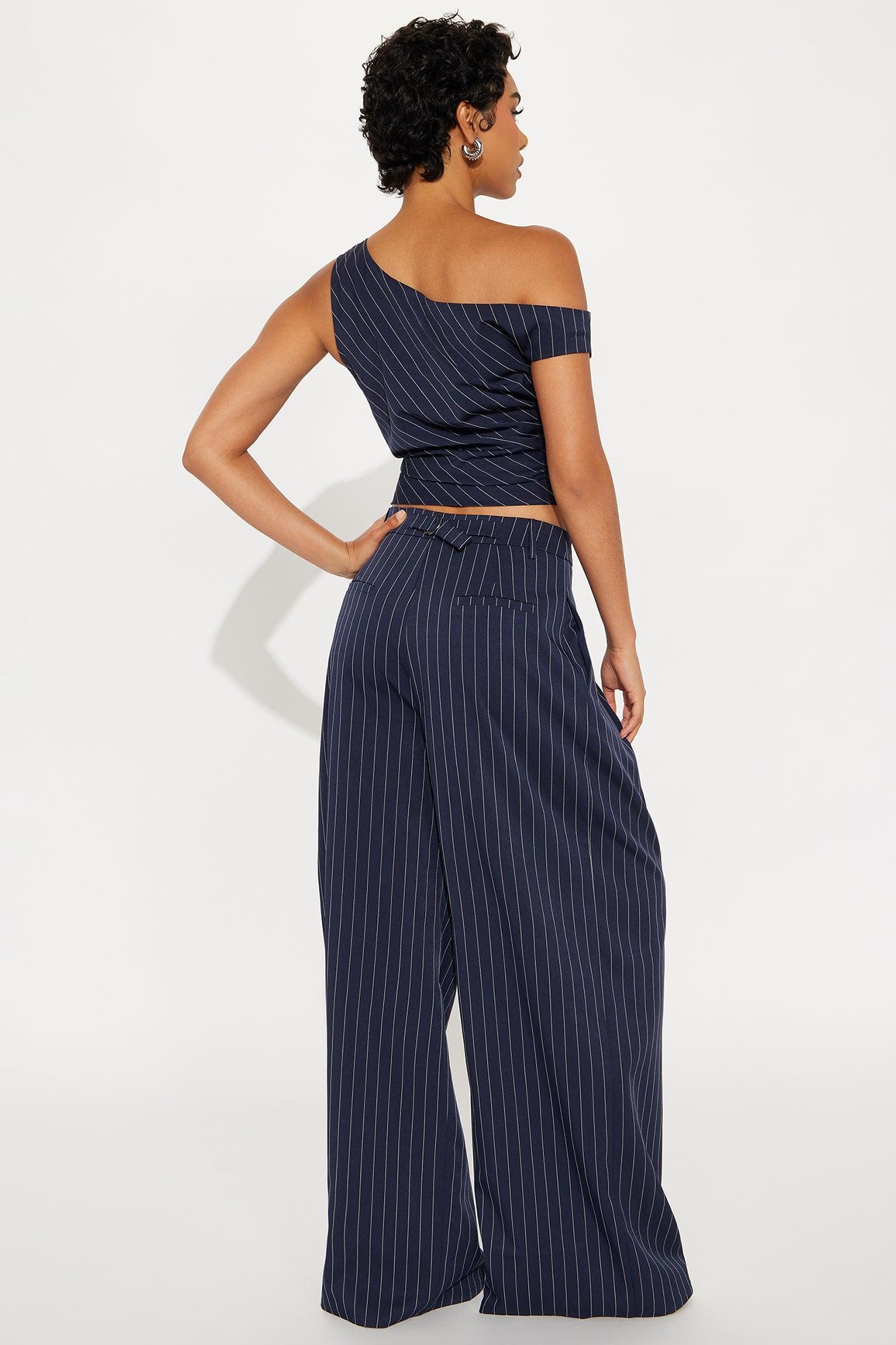 All Business Pinstripe One Shoulder Pant Set - Navy Female Product Image