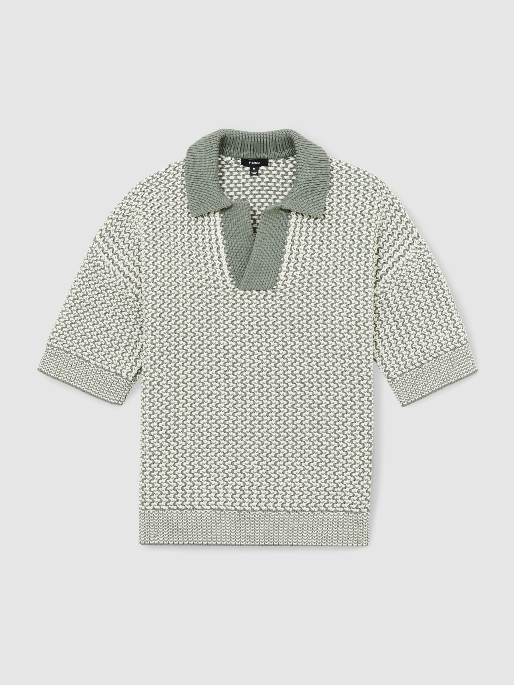 Chunky-Knit Open-Collar Polo Shirt in Sage/Off White Product Image