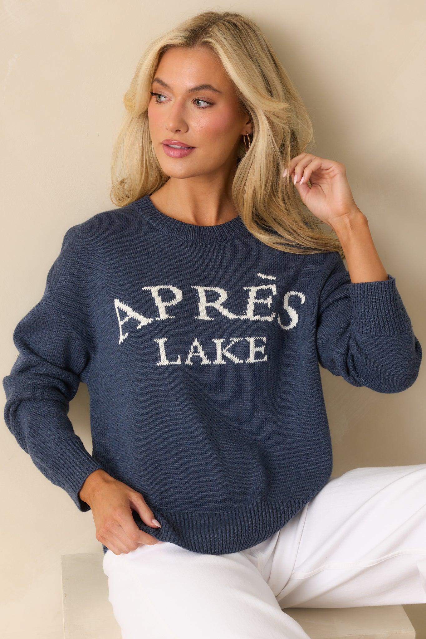 My Lakeside Dreams Navy Knit Cotton Crewneck Sweater L / Navy Product Image