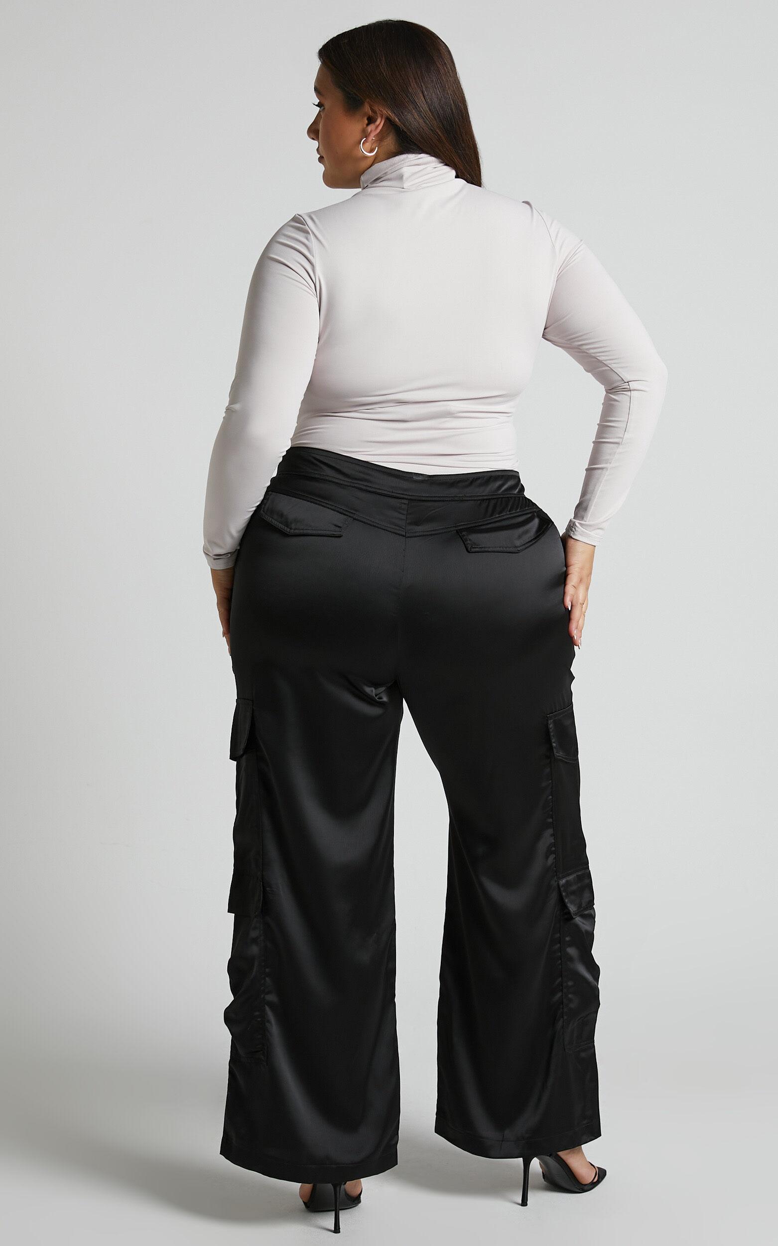 Saori Pants - Mid Rise Satin Cargo Pants in Black Product Image