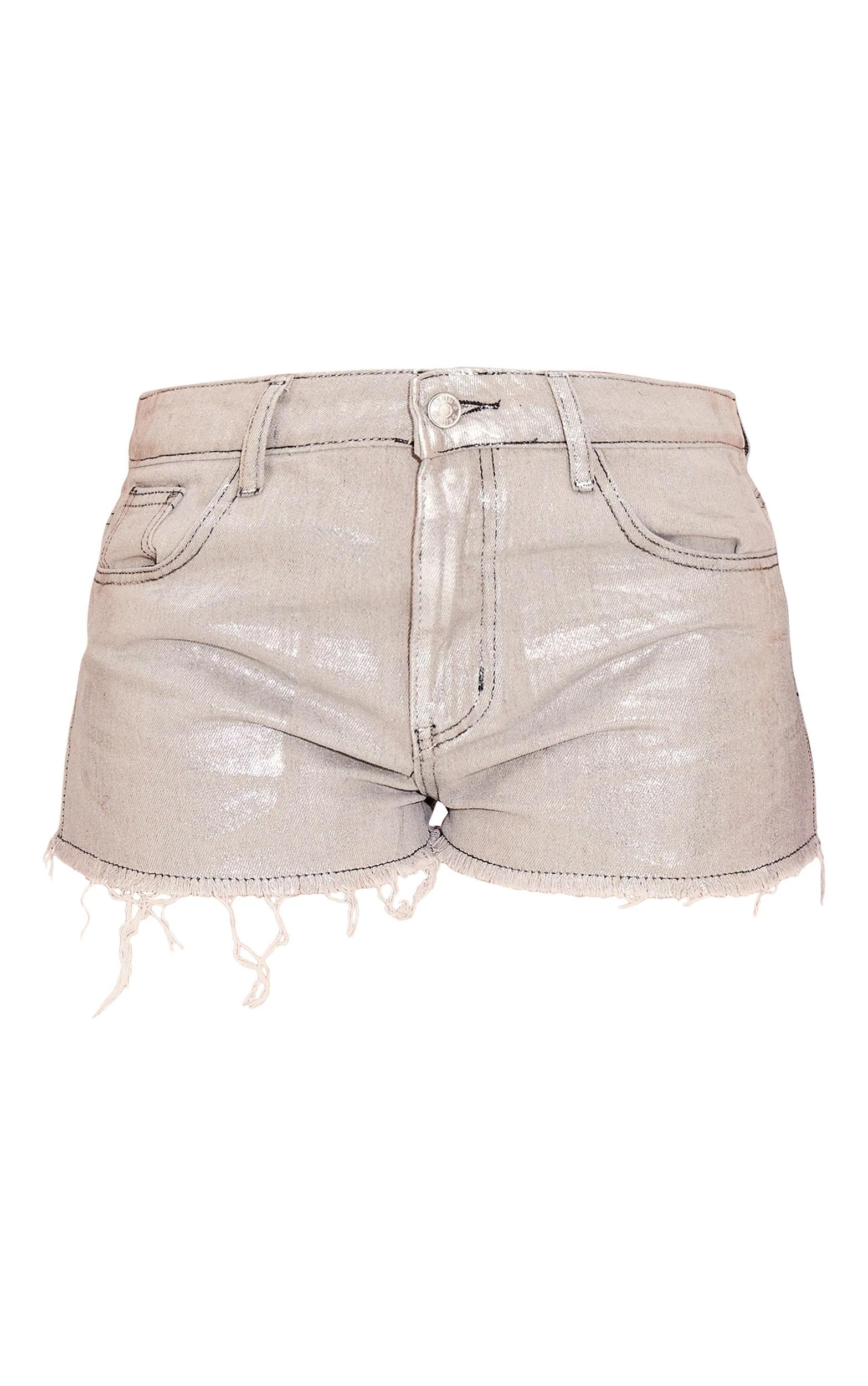 Petite Silver Metallic Denim Frayed Hem Shorts Product Image