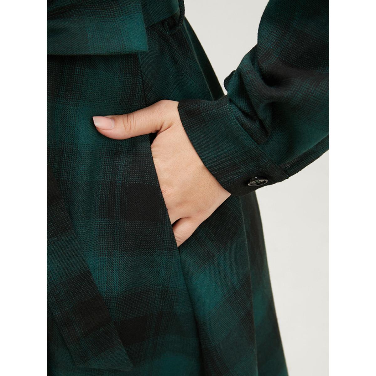 Plus Size Plaid Pocket Button Detail Belted Asymmetrical Hem Dress Emerald Women Elegant Button V-neck Long Sleeve Curvy Midi Dress BloomChic 22-24/3X Product Image