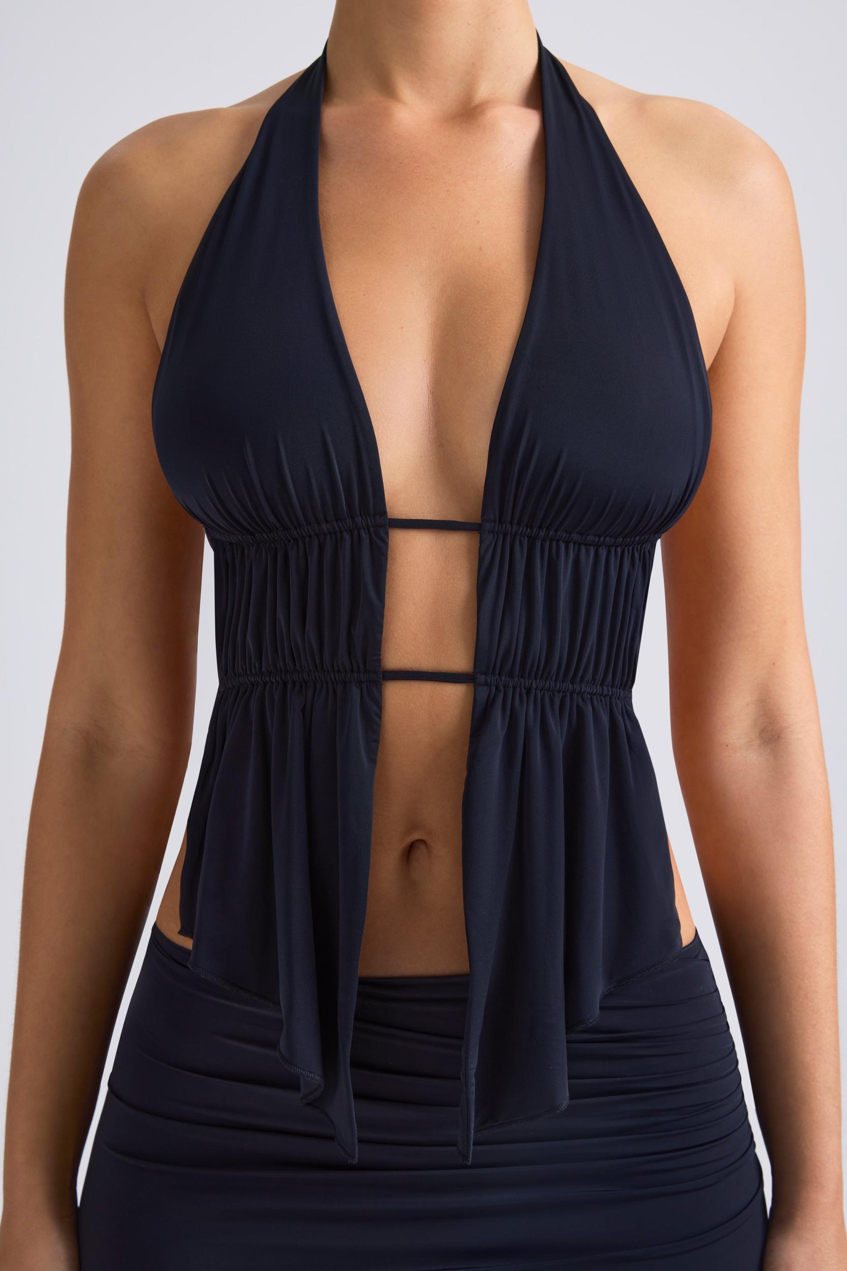 Cut-Out Ruched Halterneck Crop Top in Black Product Image