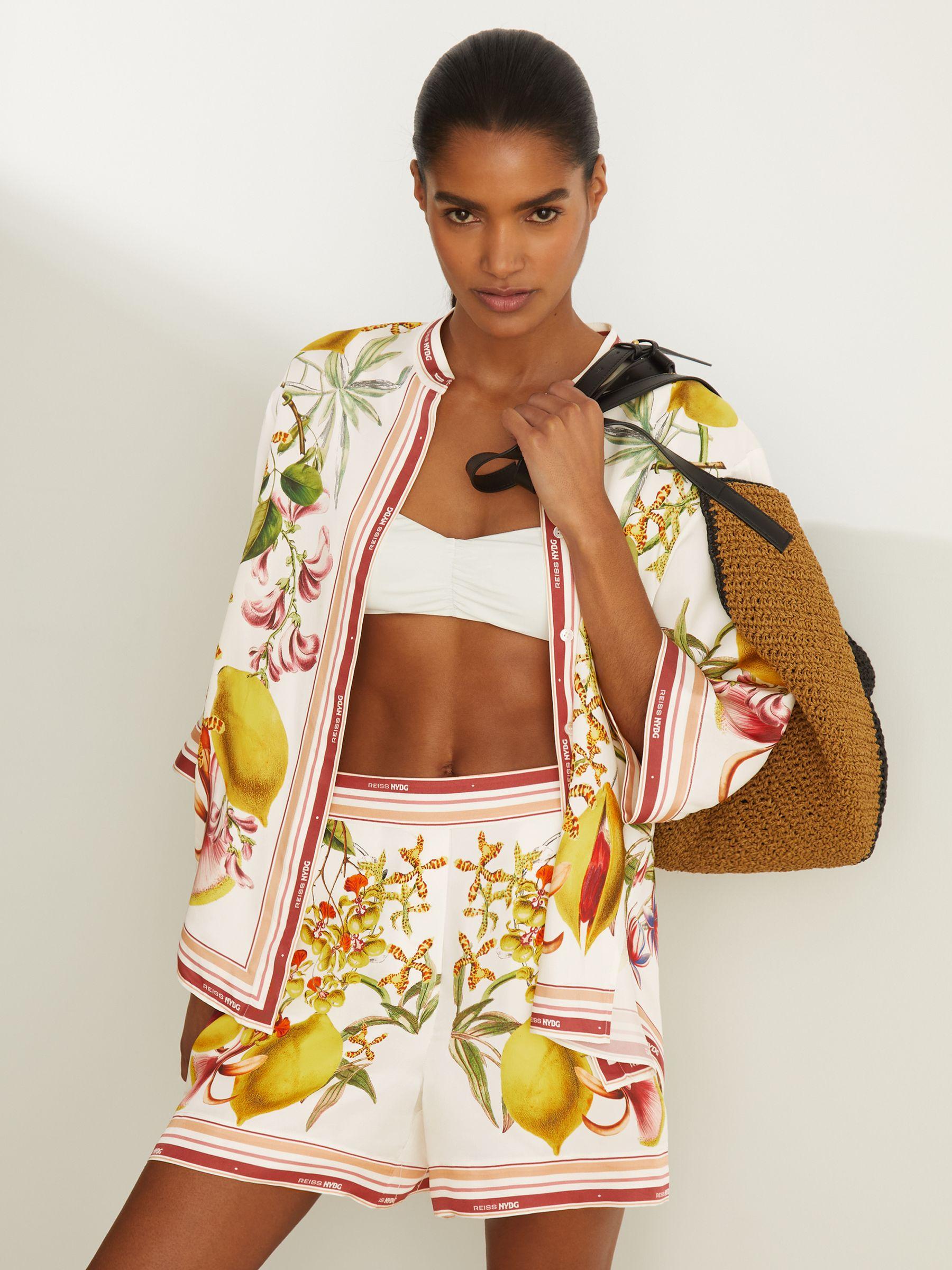 Reiss | NYBG Satin Floral-Print Shorts in Ivory Product Image