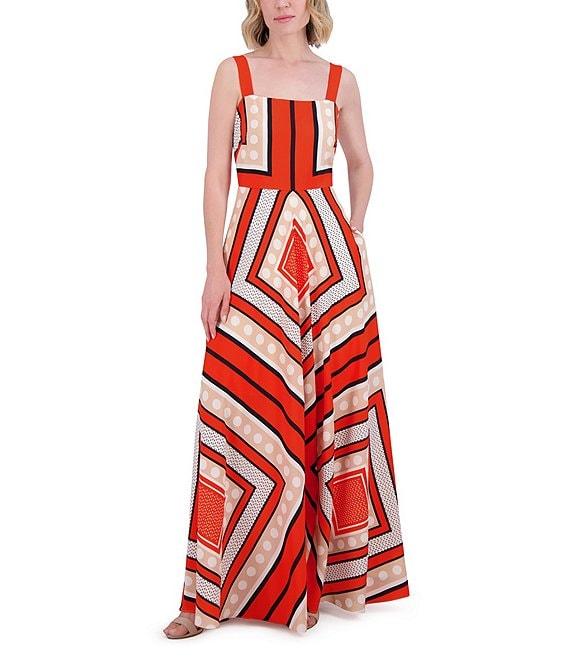 Eliza J Square Neck Sleeveless Stripe Scarf Print Crepe De Chine A-Line Maxi Dress Product Image