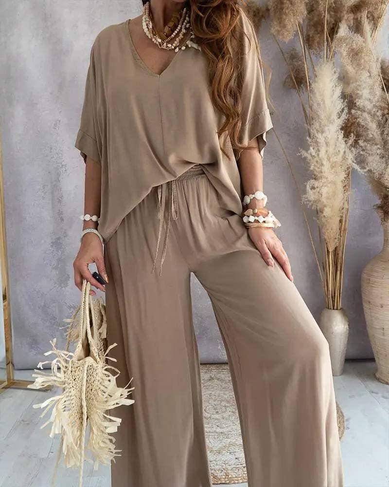 V neck batwing sleeve top casual pants set Product Image