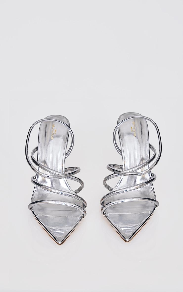 Silver PU Wide Fit Point Toe Asymmetric Strappy High Heeled Sandals Product Image