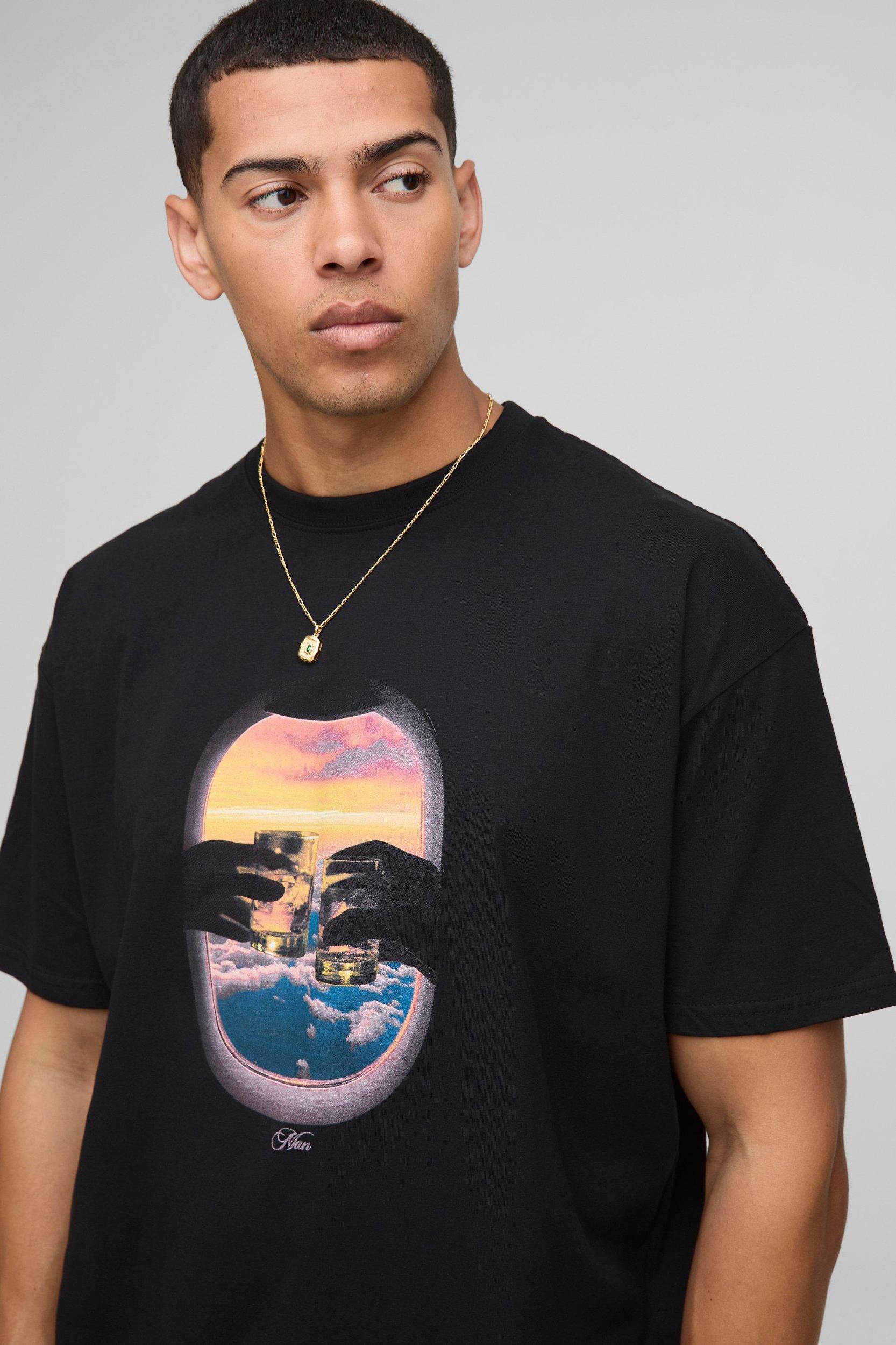 Black Oversized MAN Sunset Printed T-Shirt | boohooMAN USA Product Image