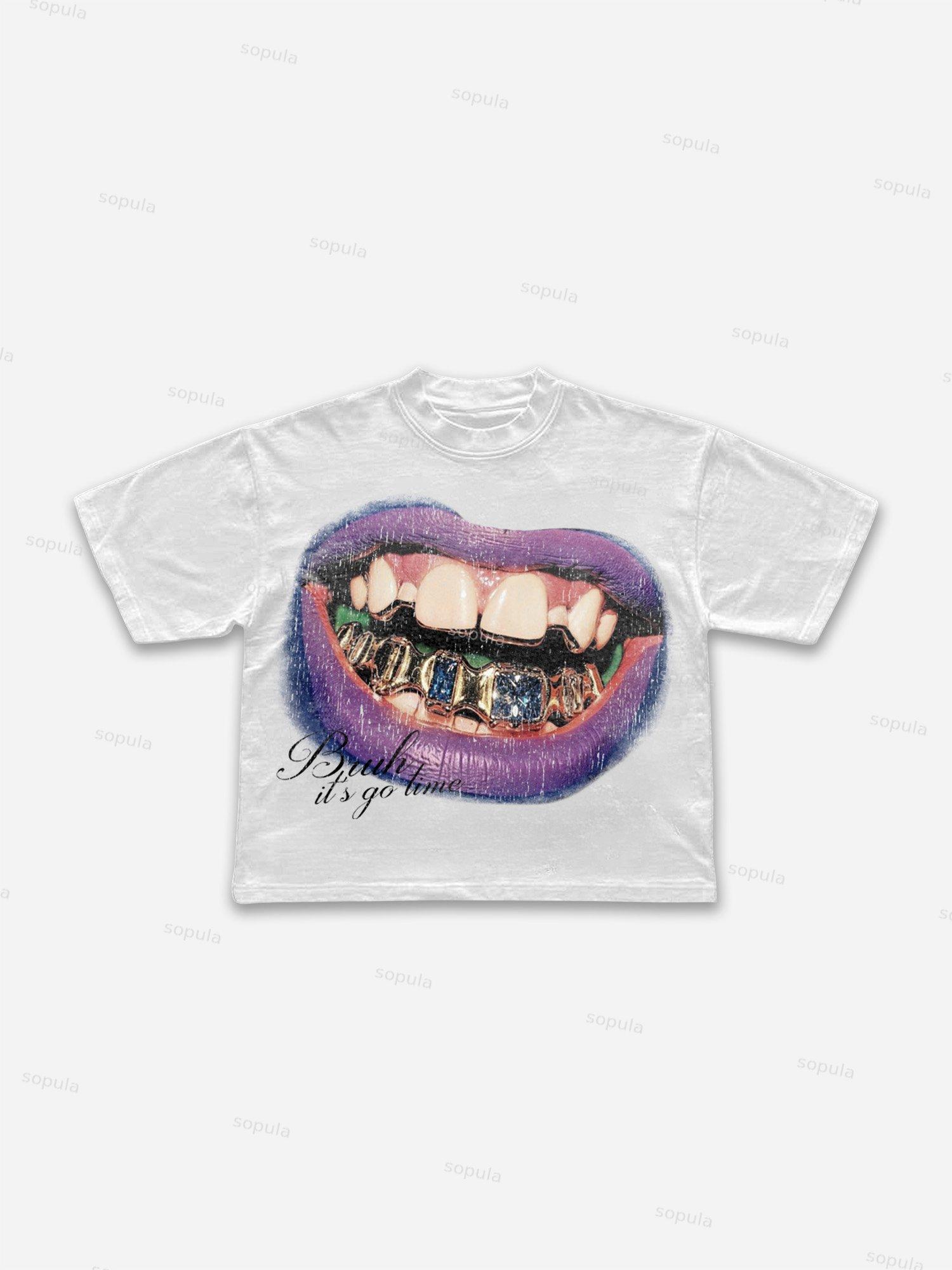 Bruh, It's Go Time Street Vintage Diamond Lips Graphic Cropped T-shirt Product Image