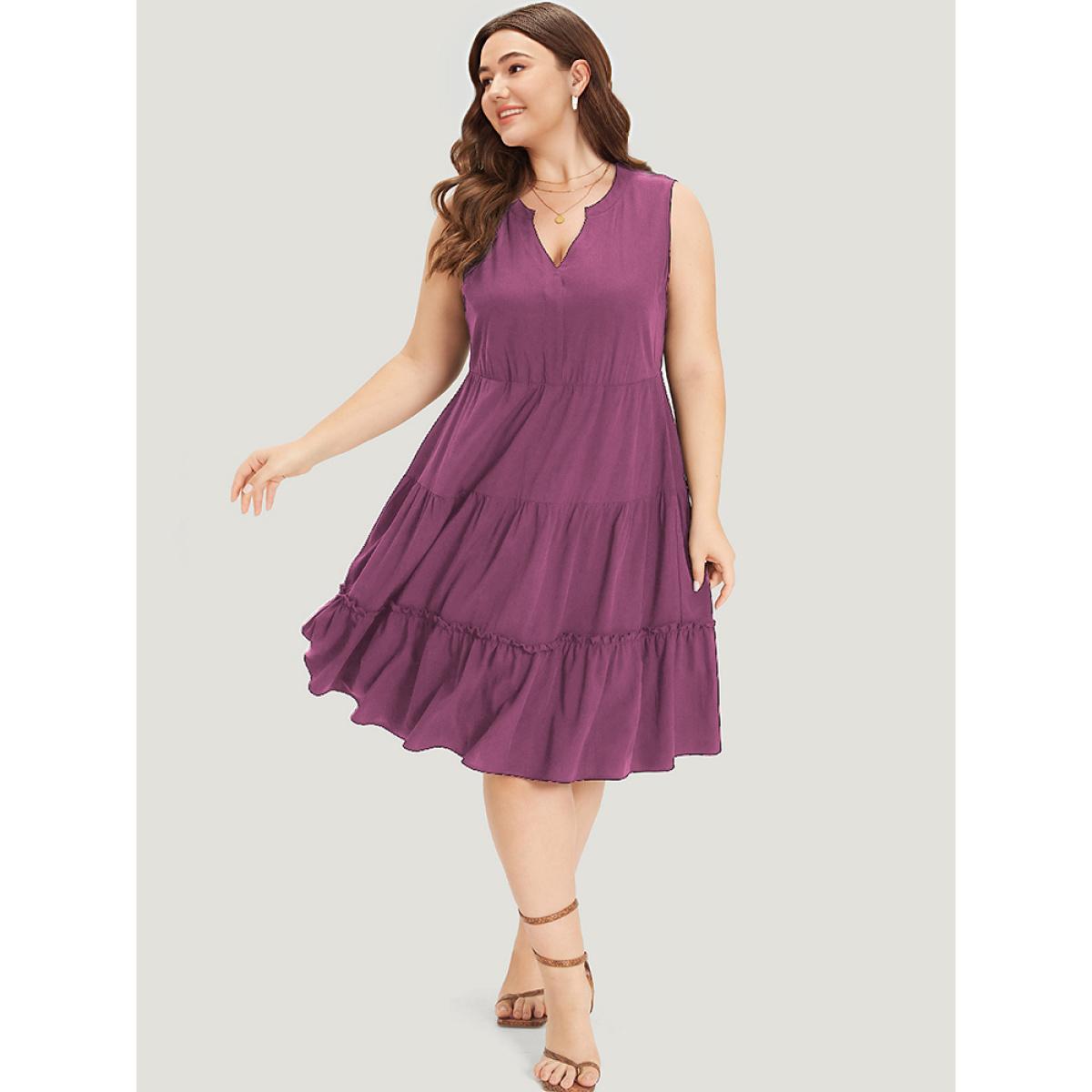 Plus Size Supersoft Essentials Notched Ruffle Layered Hem Sleeveless Dress RedViolet Women Elegant Gathered V-neck Sleeveless Curvy Midi Dress BloomChic 26/4X Product Image