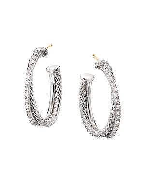 Womens Crossover Hoop Earrings in Sterling Silver with Diamonds, 26.5mm Product Image