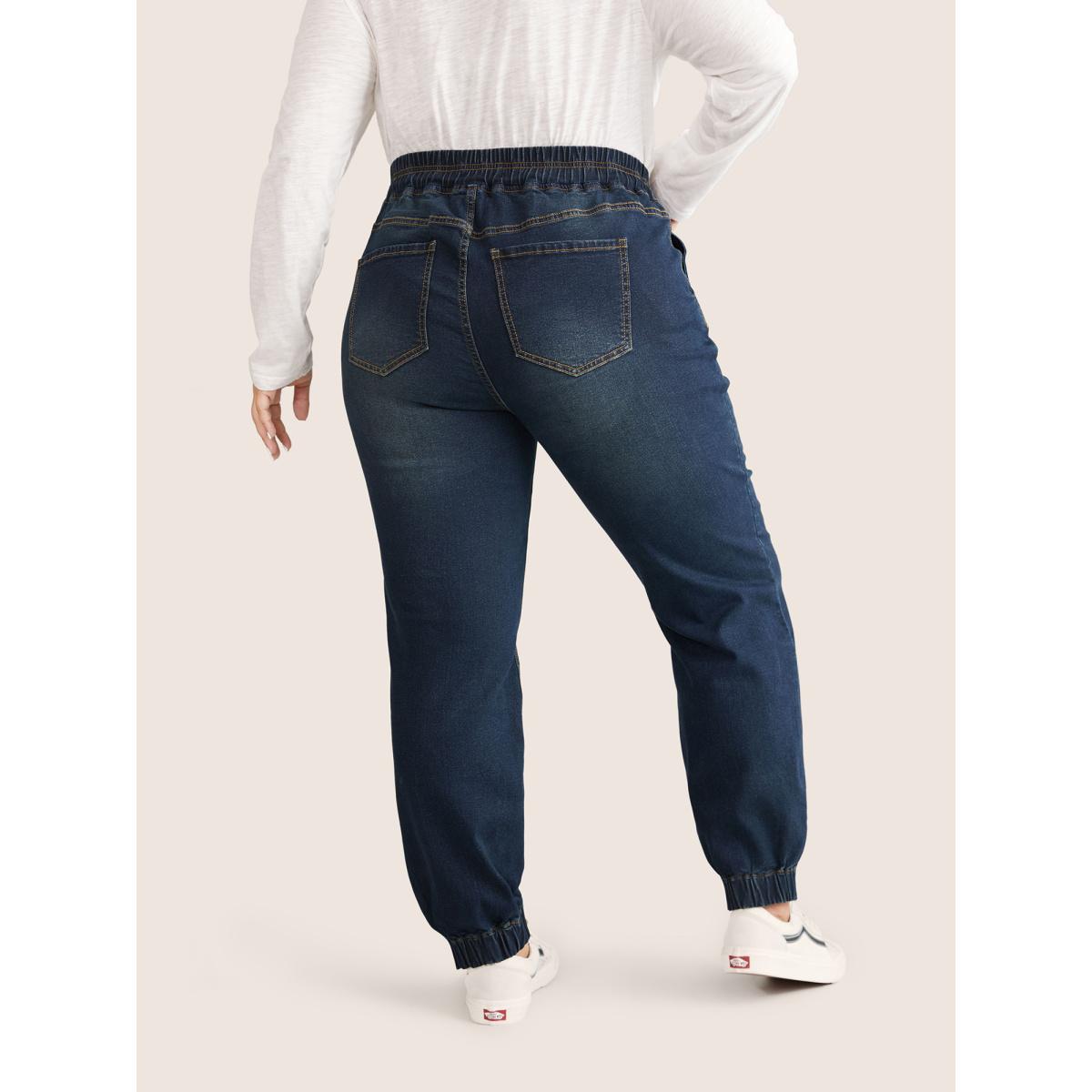 Plus Size Dark Wash Drawstring Elastic Waist Jogger Jeans Women DarkBlue Casual Plain Non High stretch Slanted pocket Jeans BloomChic 30/6X Product Image