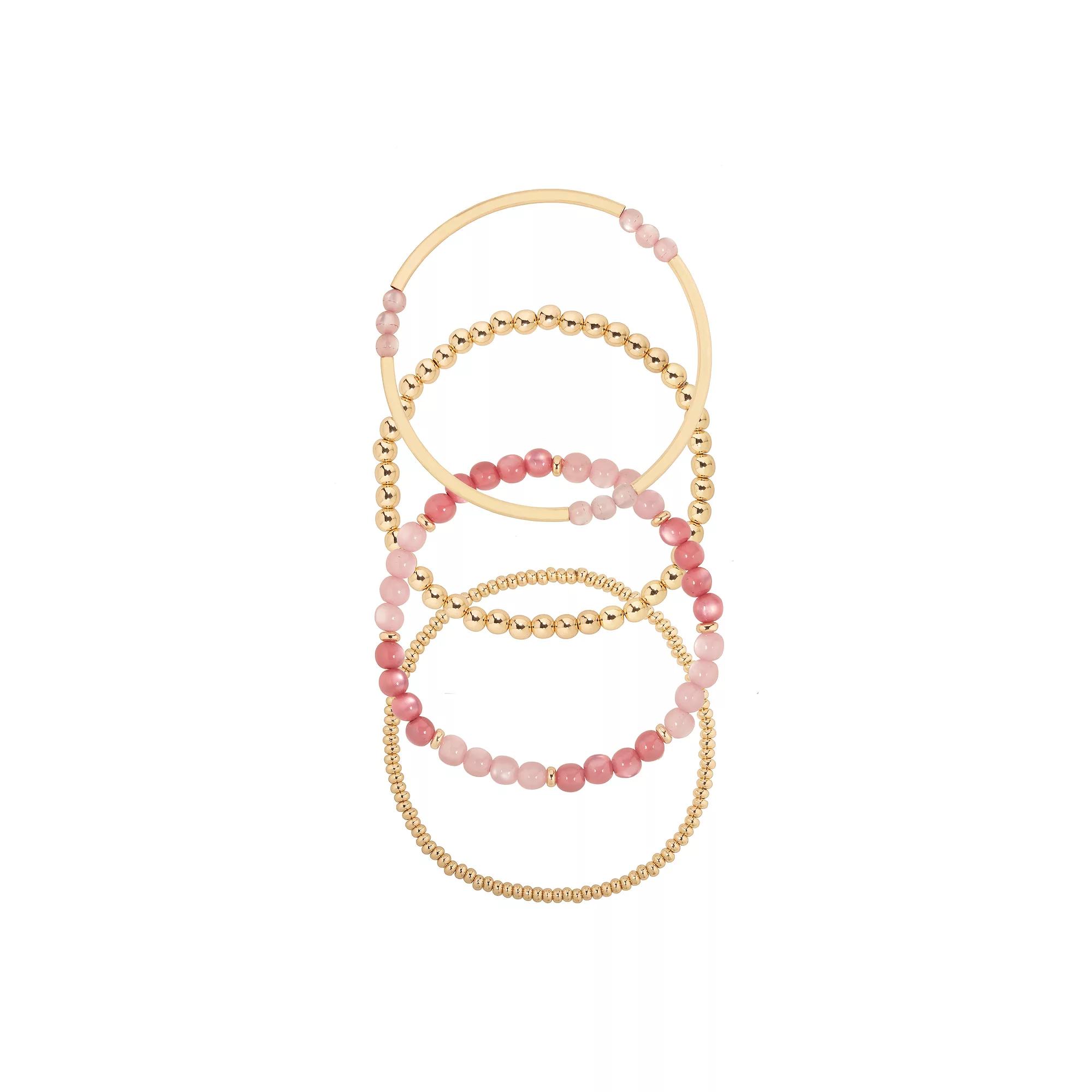 Emberly Gold Tone Coral Beaded Stretch Bracelets 4-Piece Set, Women's, Pink Product Image