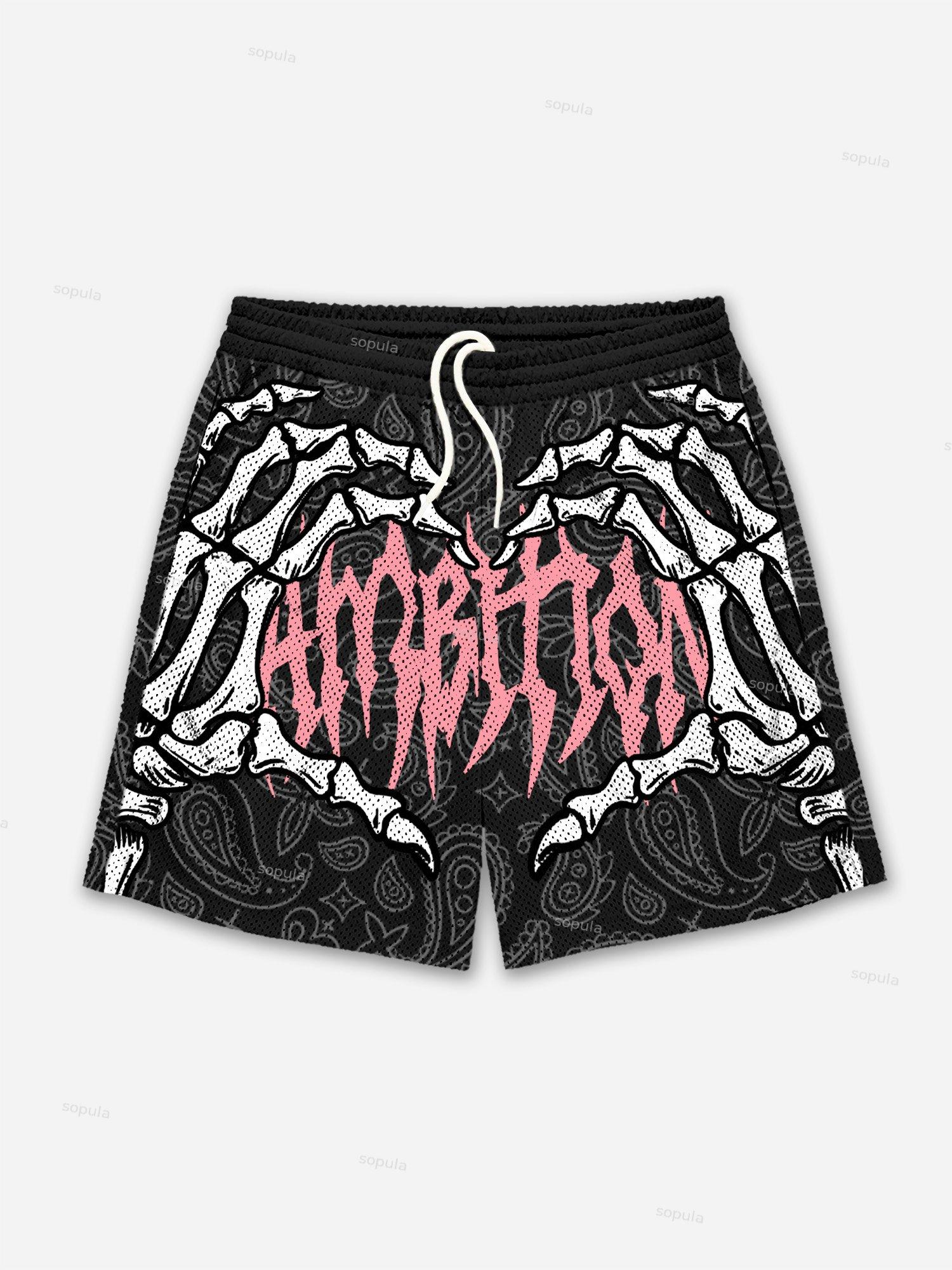 Ambition Skull Hand Cashew Flower Graphic Mesh Shorts Product Image