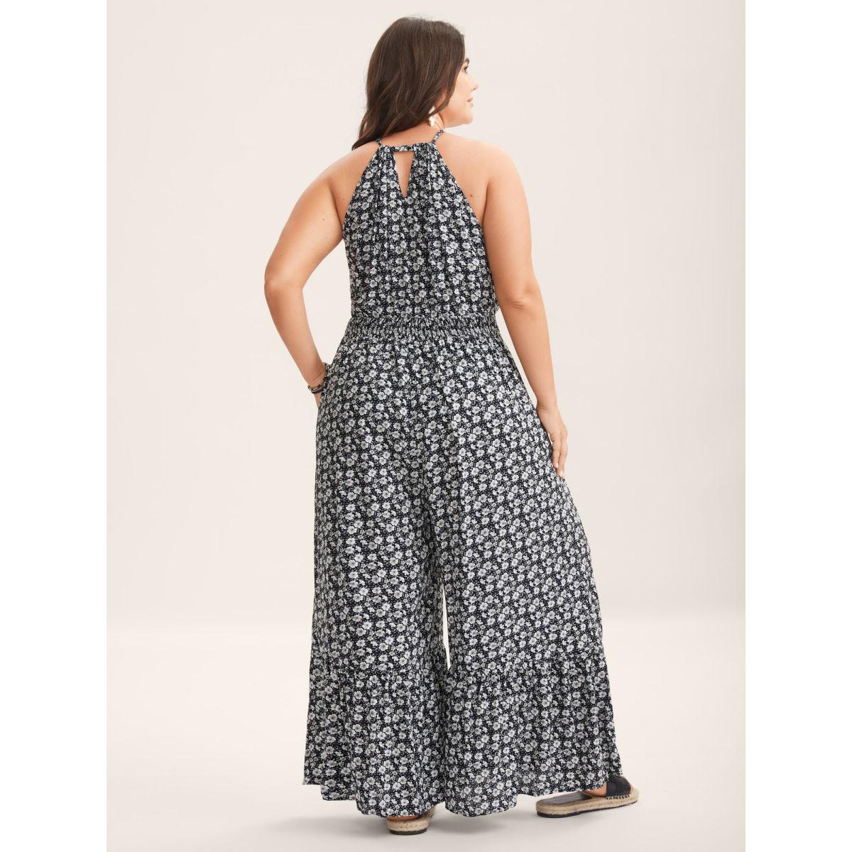 Plus Size BlackFlower Ditsy Floral Print Shirred Tie Jumpsuit Women Sleeveless Non Vacation Loose Jumpsuits BloomChic 12/L Product Image