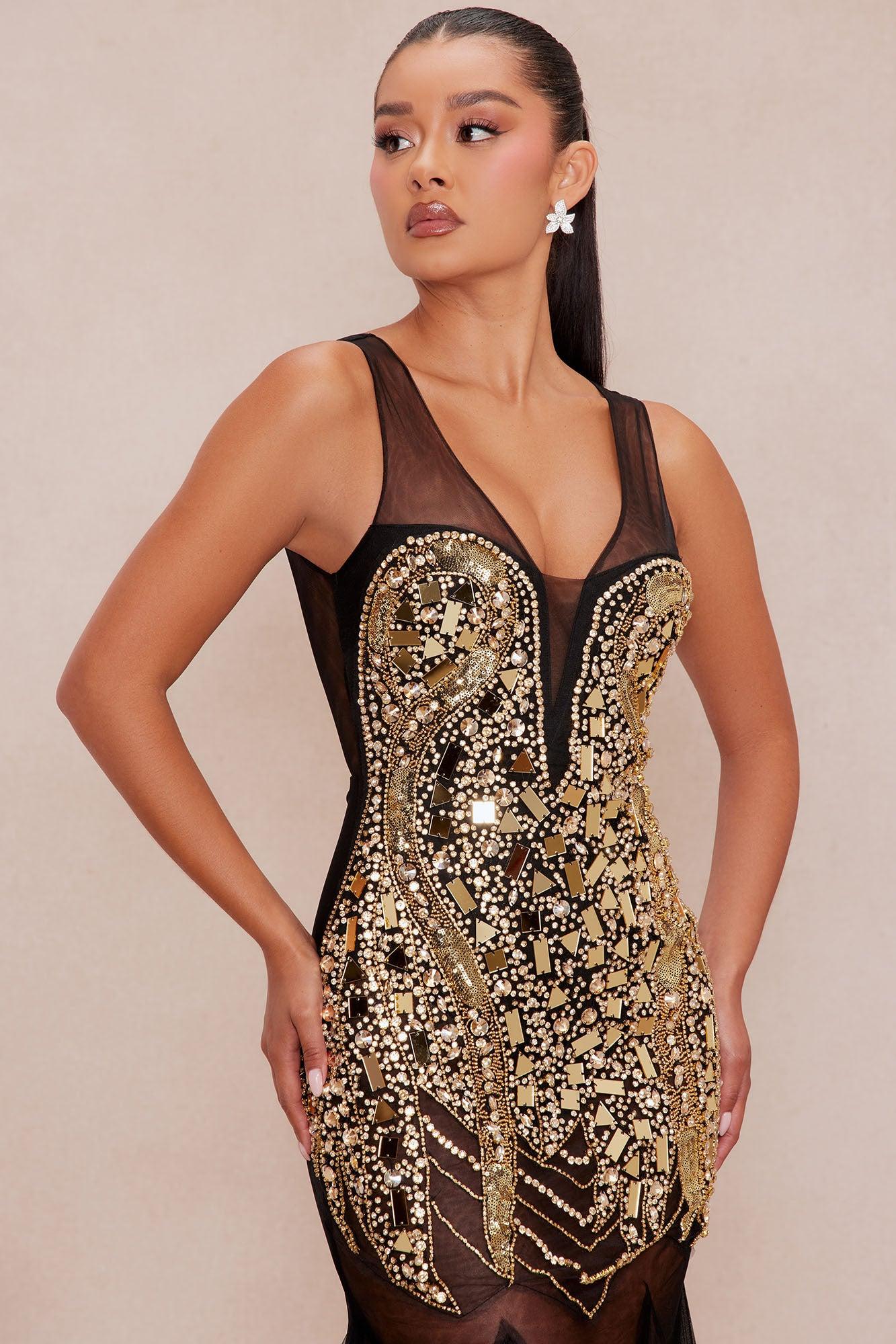Mira Embellished Mesh Gown - Black Product Image