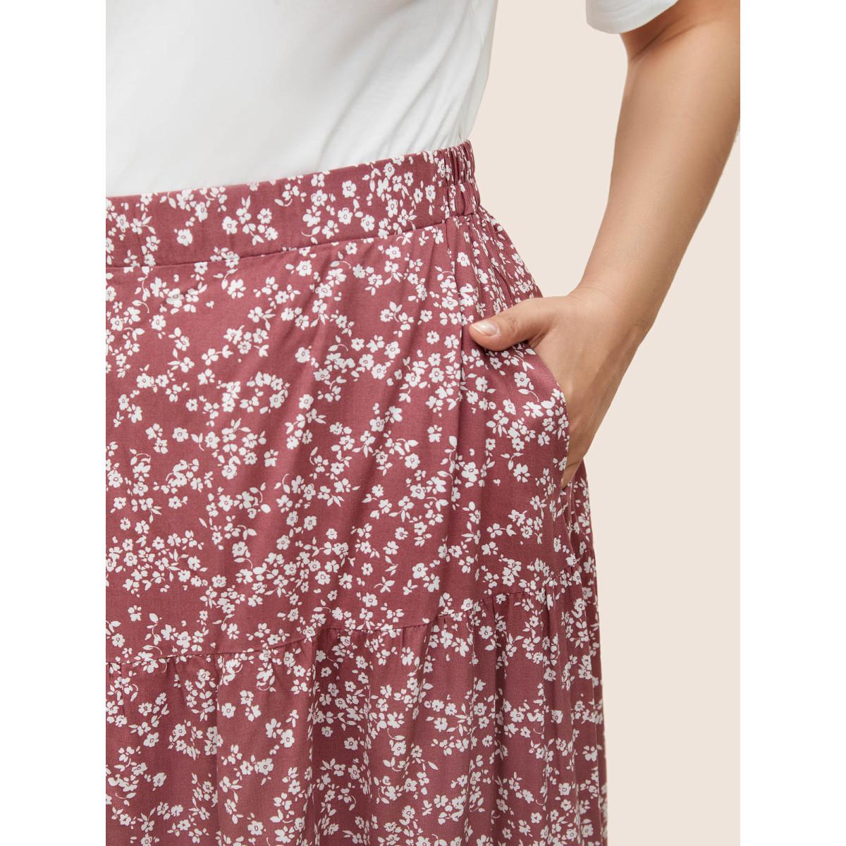Plus Size Ditsy Floral Elastic Waist Pocket Skirt Women DustyPink Elegant Non No stretch Slanted pocket Everyday Skirts BloomChic 26/4X Product Image