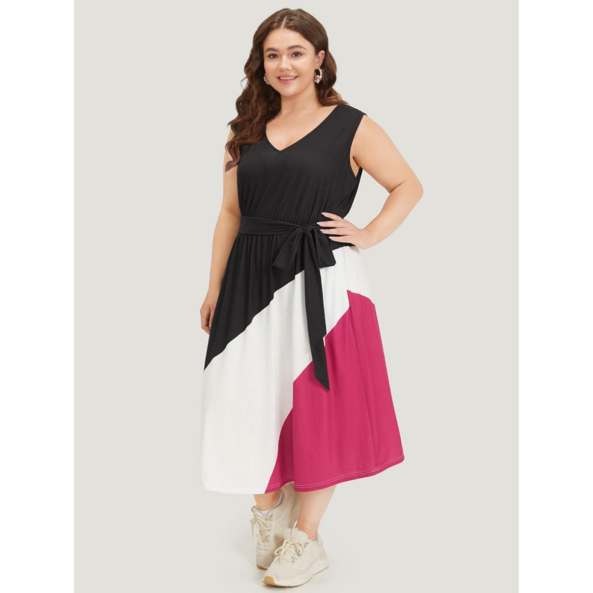 Plus Size Colorblock Contrast Pocket Belted Tank Dress Black Women Casual Plain V-neck Sleeveless Curvy Midi Dress BloomChic 30/6X Product Image