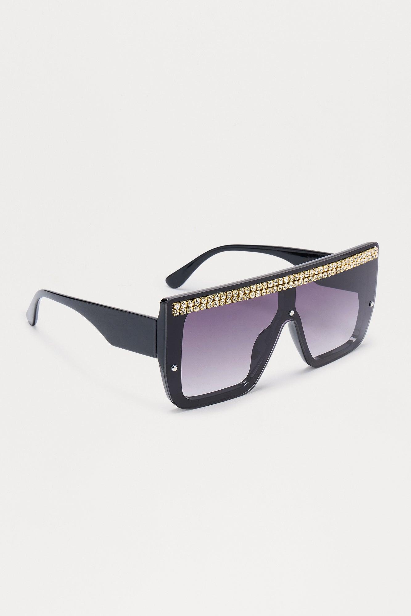 Over The Top Rhinestone Shield Sunglasses - Black Female Product Image