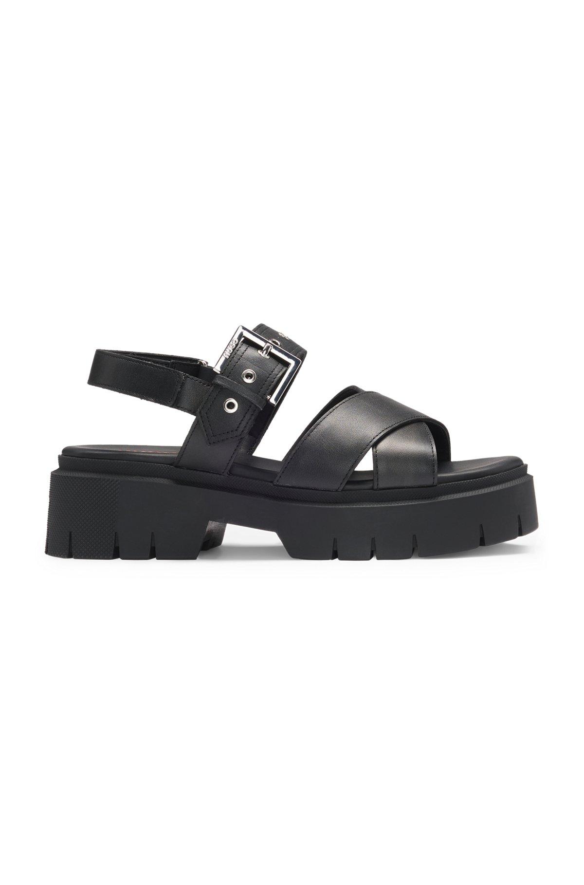 HUGO - Leather sandals with buckled strap and chunky sole - Black Product Image