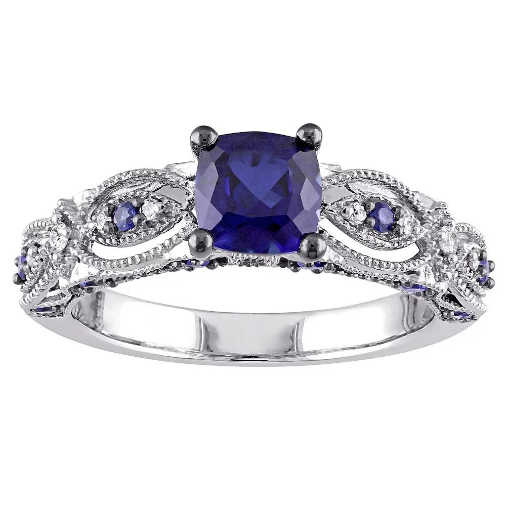 Stella Grace 10k White Gold Lab-Created Blue Sapphire & Diamond Accent Vintage Engagement Ring, Women's, Size: 7 Product Image