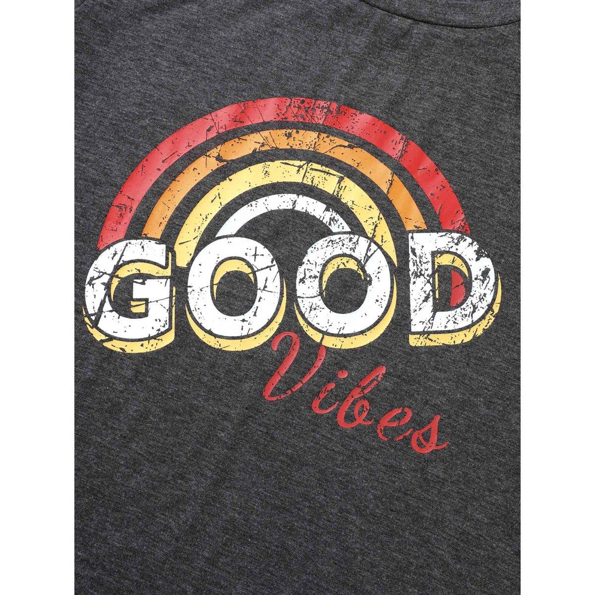 Plus Size Vintage Rainbow Print Crew Neck T-shirt DimGray Women Casual Positive slogan Round Neck Everyday T-shirts BloomChic 26/4X Product Image