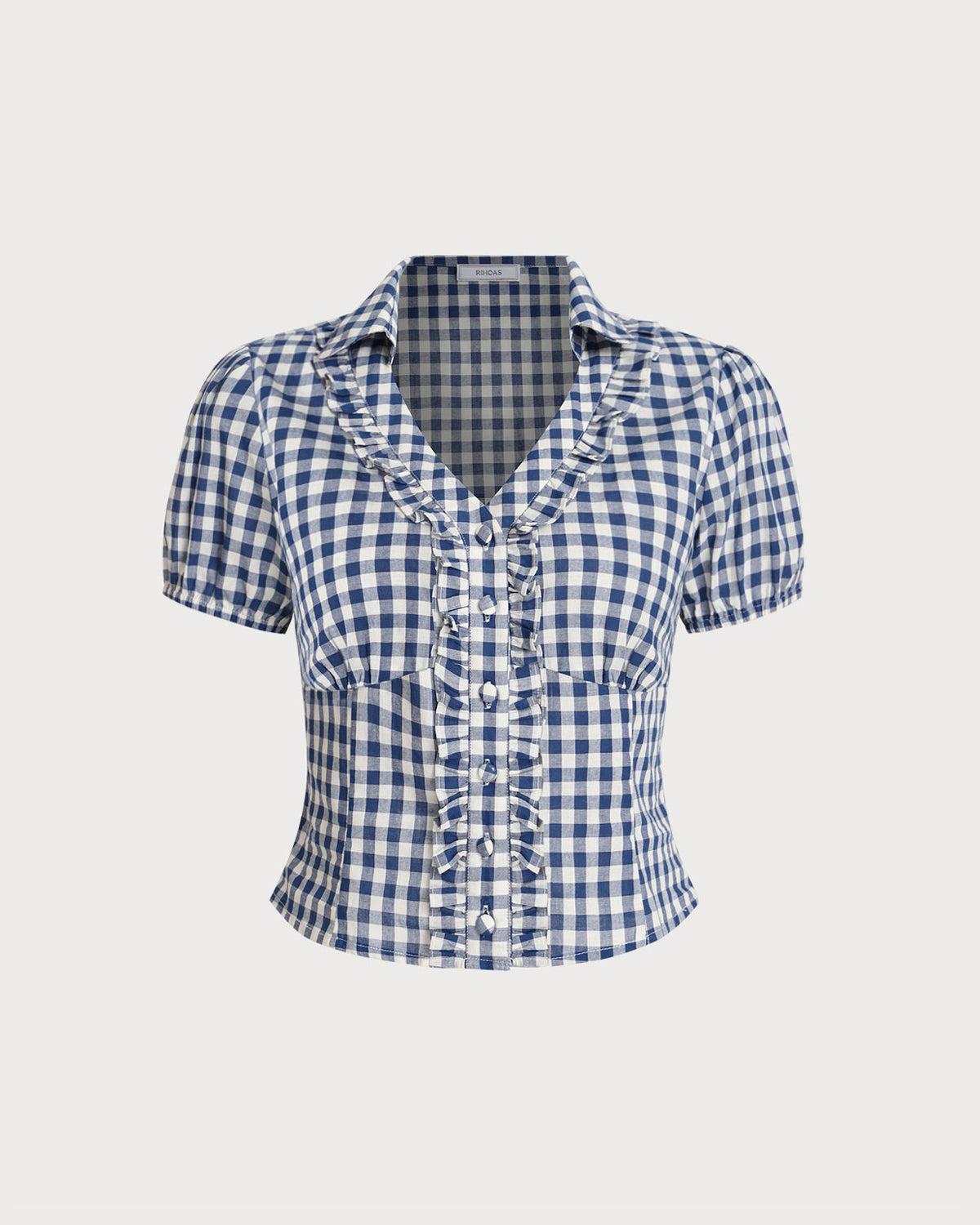 Blue Plaid Puffed Sleeve Blouse Product Image