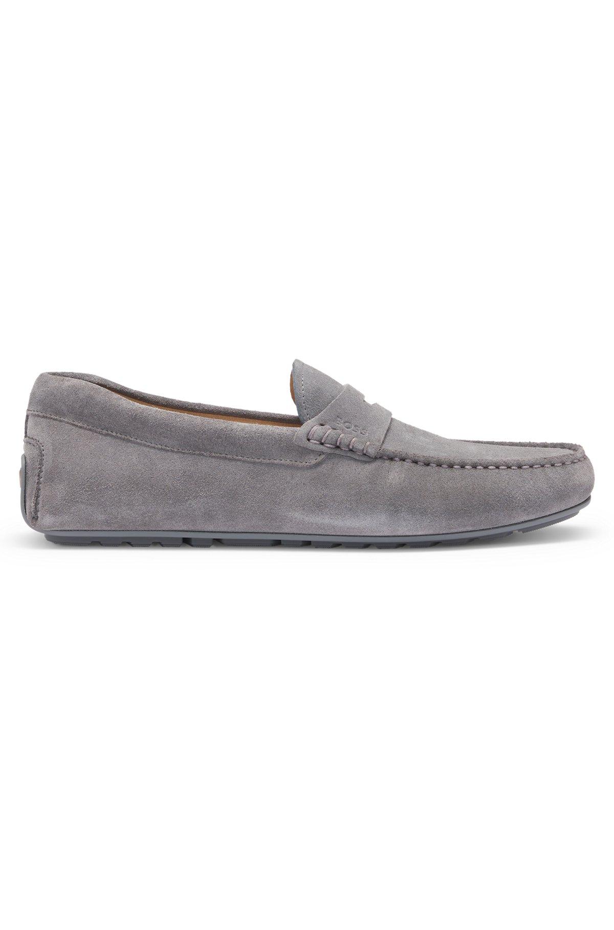 BOSS - Portuguese-crafted moccasin loafers in suede with penny trim - Grey Product Image