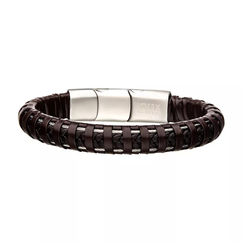 Men's Brown Leather Bracelet, Size: 8.5", Silver Tone Product Image
