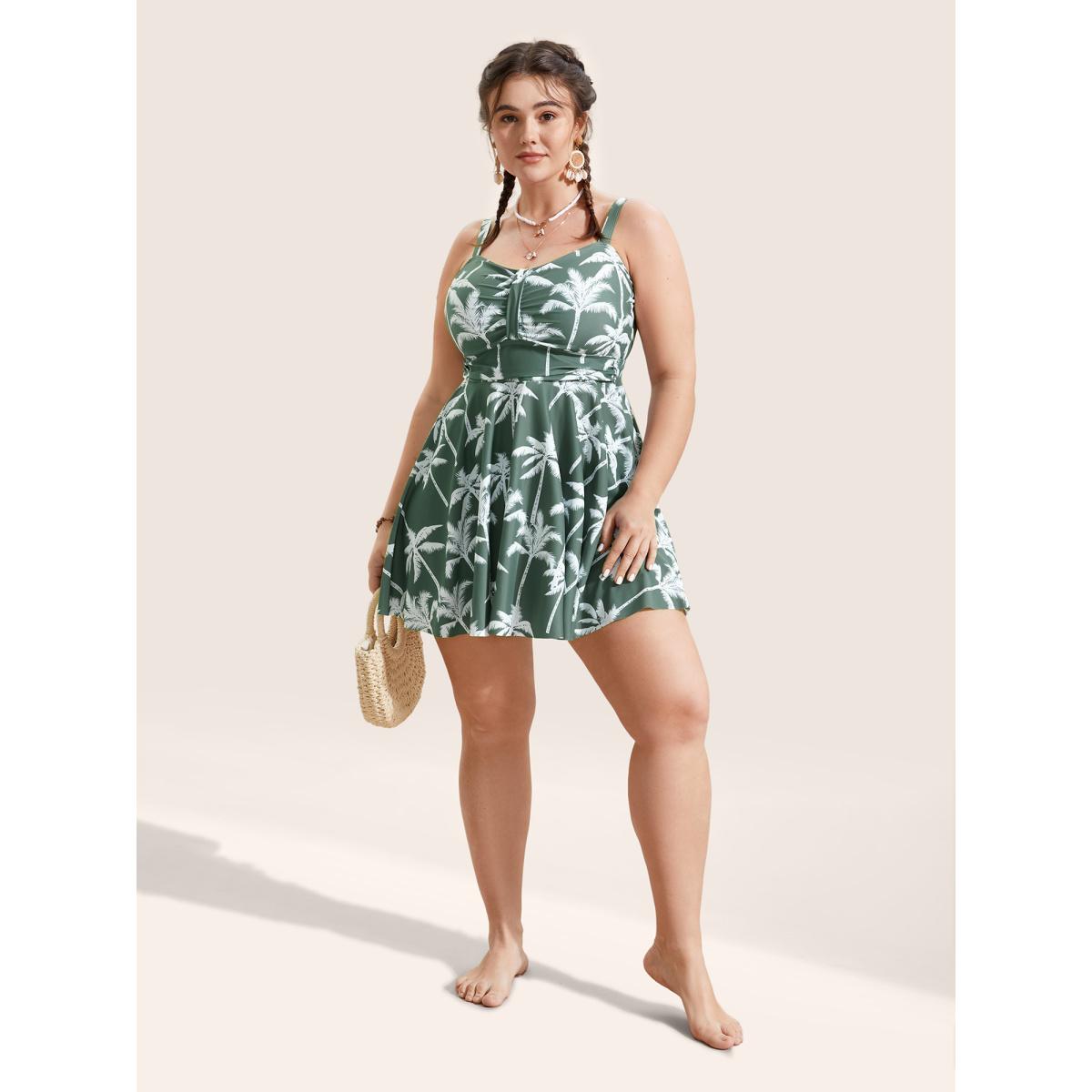 Plus Size Tropical Coconut Tree Ruched Swim Dress Women's Swimwear ArmyGreen Beach Bodycon Heart neckline High stretch Curve Swim Dresses BloomChic 30/6X Product Image