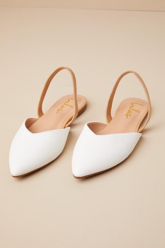 Mae White and Beige Pointed-Toe Slingback Flats Product Image