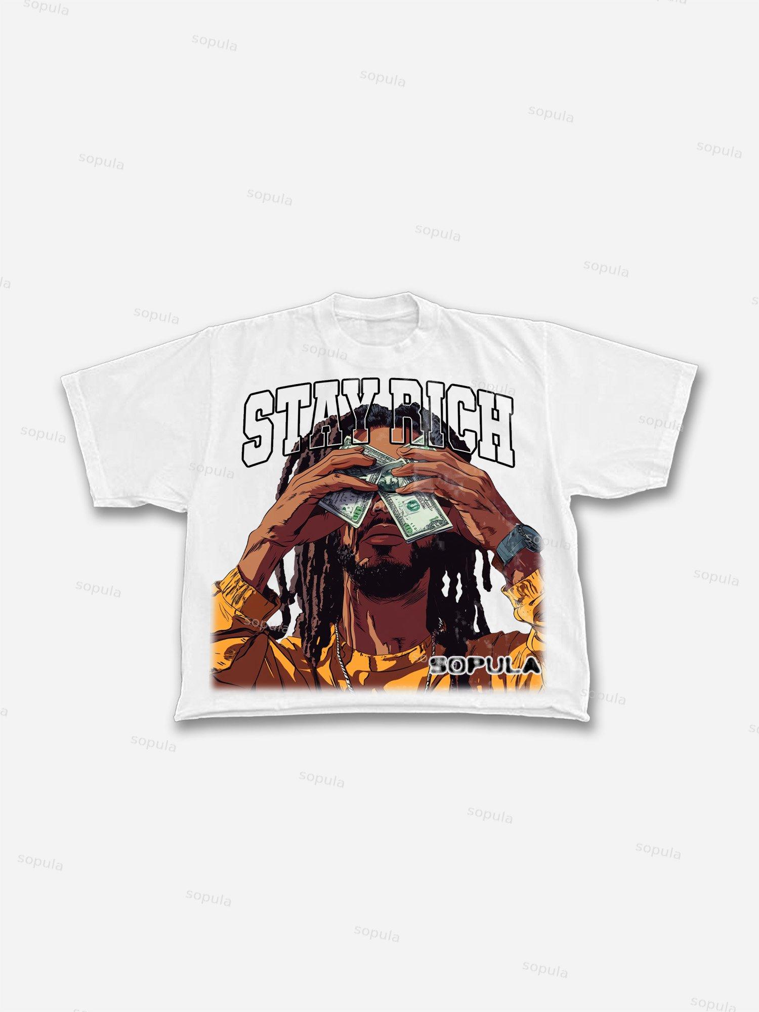 Men's Stay Rich Big Head Cartoon Graphic Cropped T-shirt Product Image