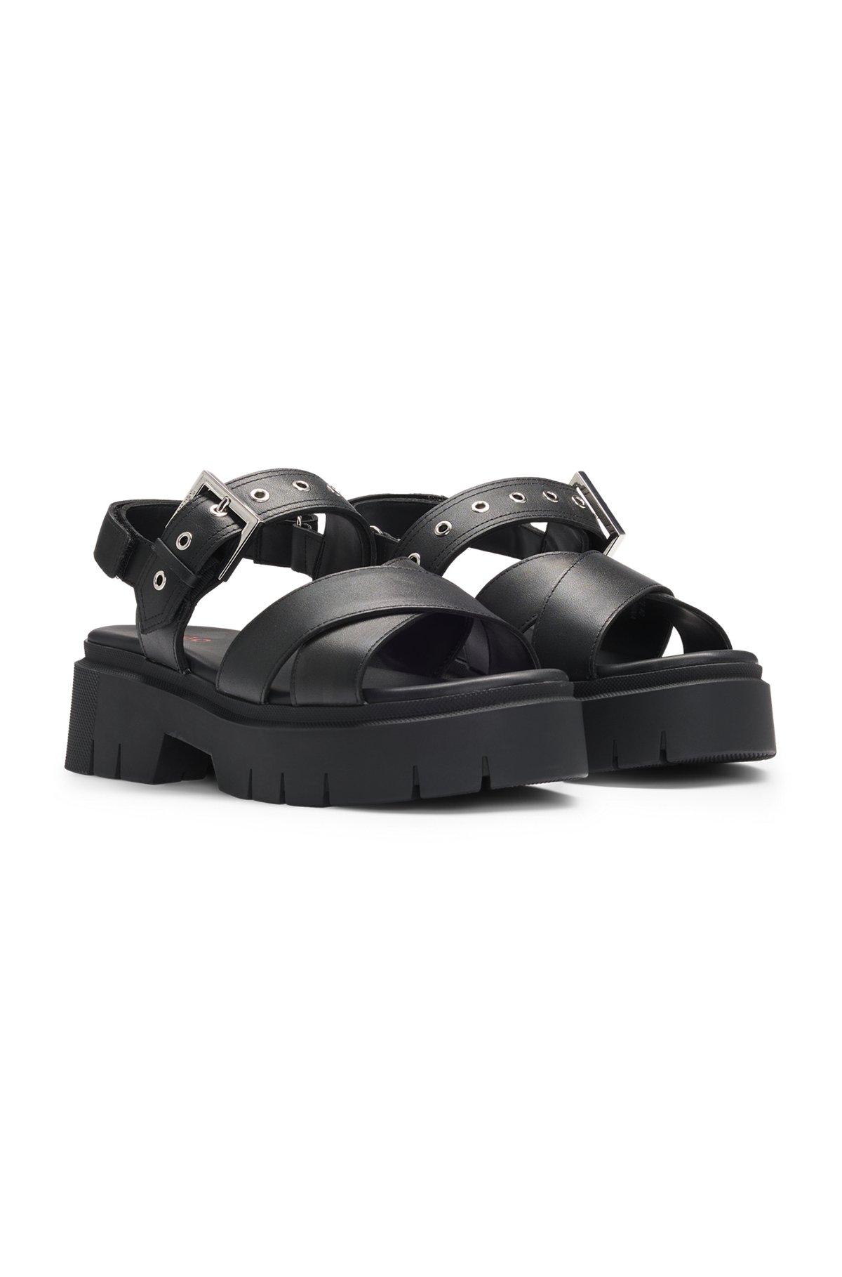 HUGO - Leather sandals with buckled strap and chunky sole - Black Product Image