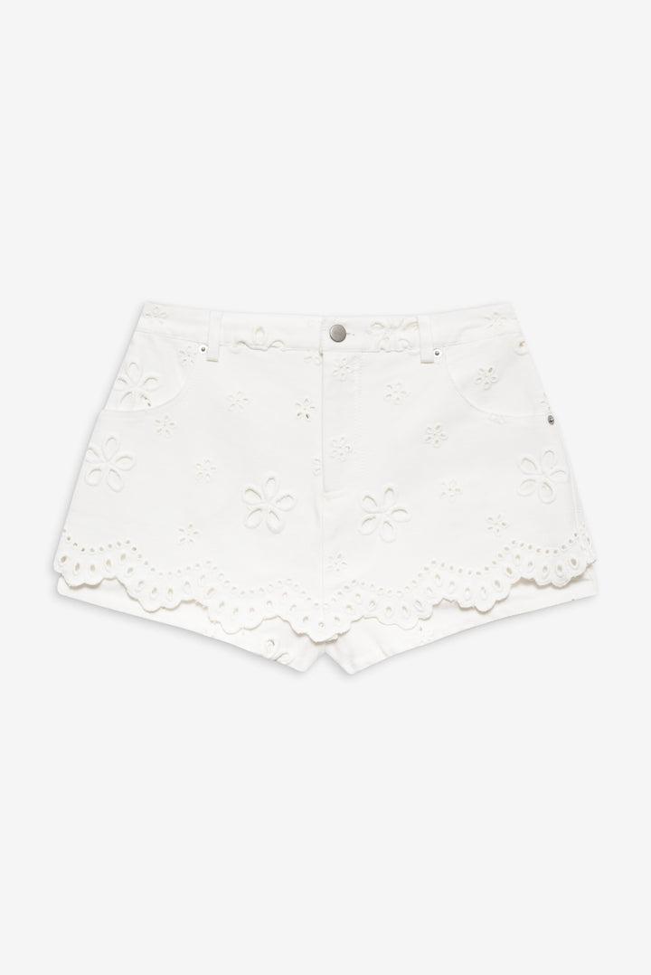 Daisy Eyelet Denim Skort — White Product Image