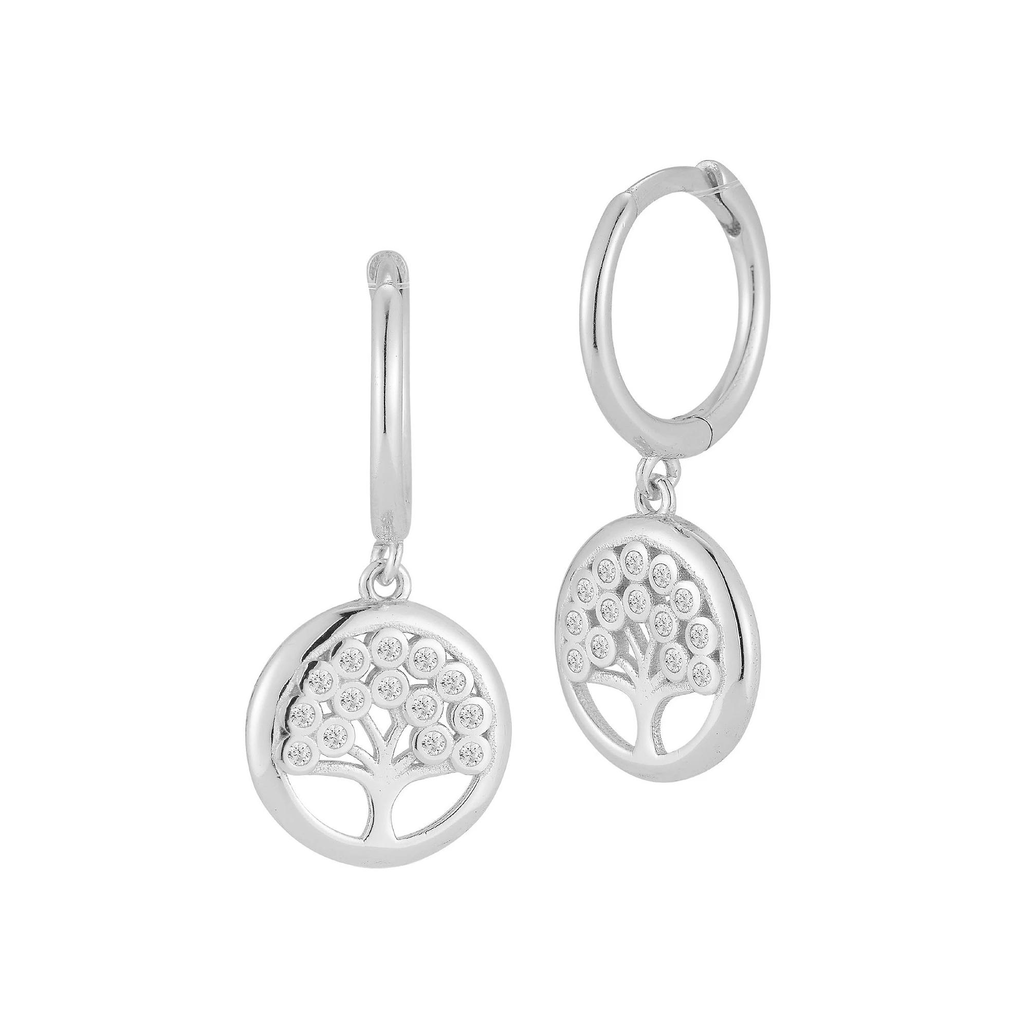 Sunkissed Sterling Cubic Zirconia Tree Charm Huggie Hoop Earrings, Womens, Silver Tone Product Image