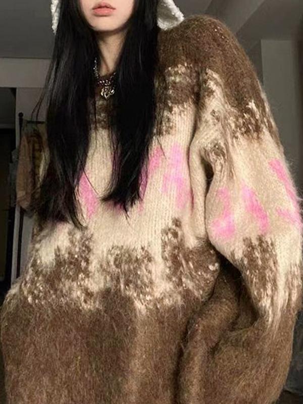 Fuzzy Contrast Color Print Oversized Sweater Product Image