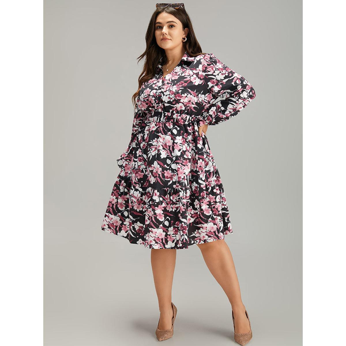 Plus Size Floral Print Belted Shirt Collar Dress Black Women Elegant Elastic cuffs V-neck Long Sleeve Curvy Knee Dress BloomChic 30/6X Product Image