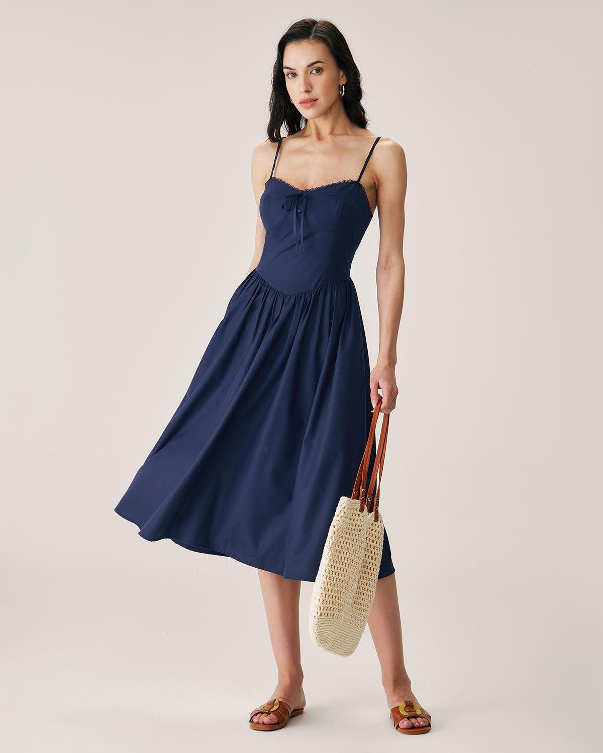 Navy Shirred Slip Midi Dress Product Image