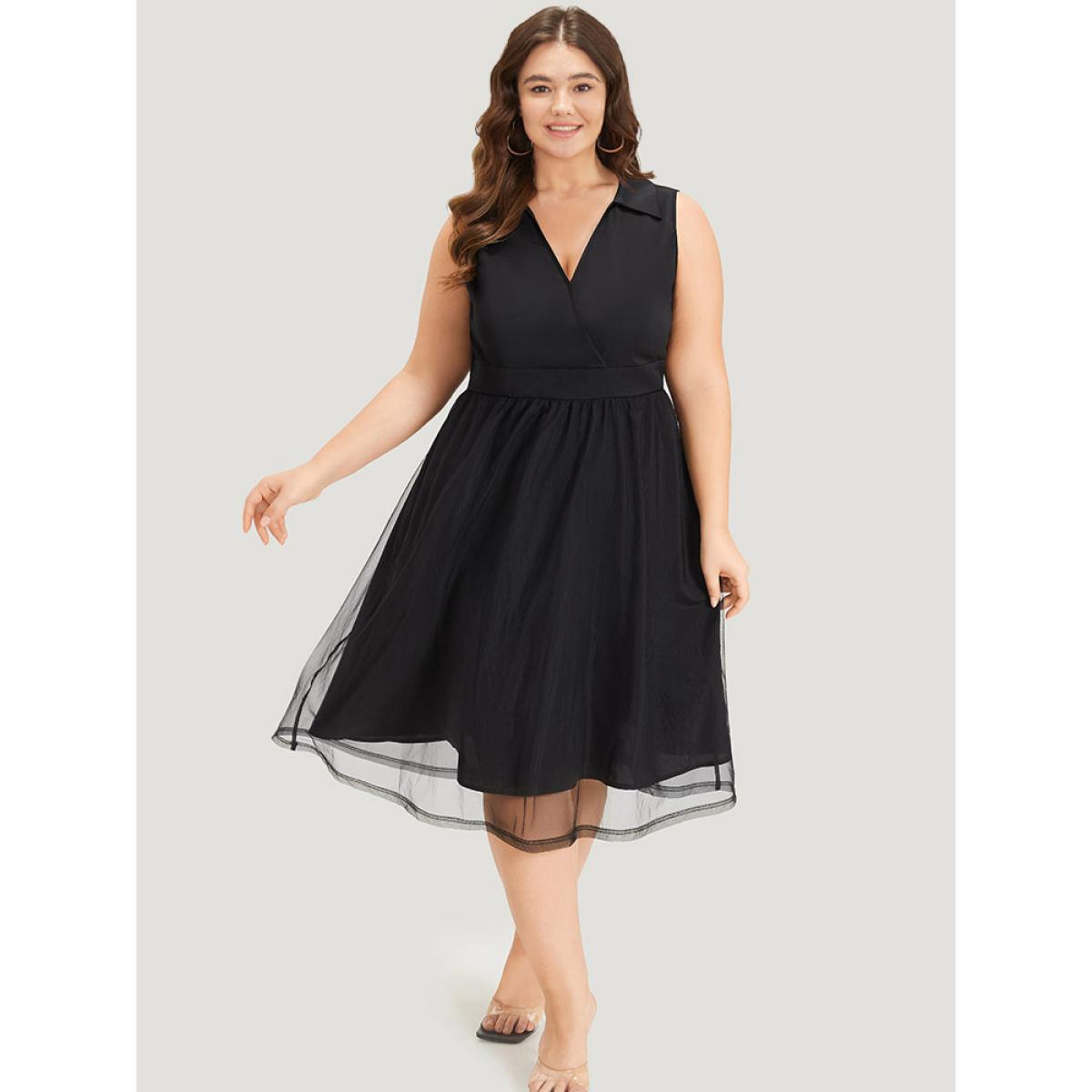 Plus Size Shirt Collar Pocket Mesh Elastic Waist Sleeveless Dress Black Women Elegant Lined Shirt collar Sleeveless Curvy Midi Dress BloomChic 26/4X Product Image