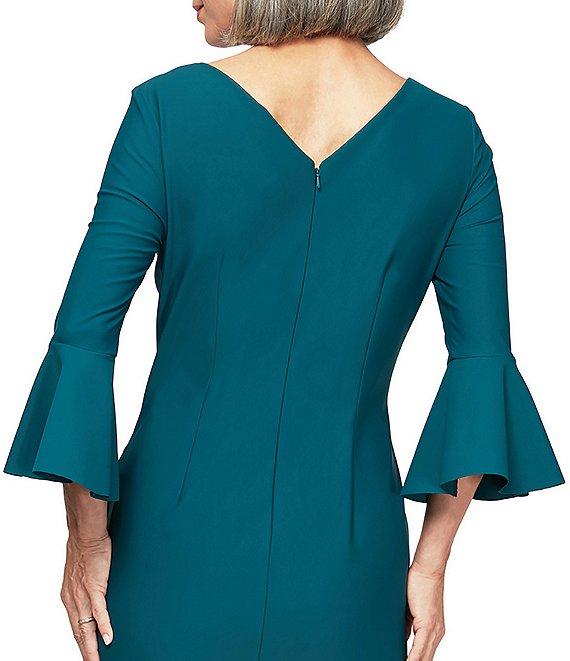 Alex Evenings Scuba Crepe Round Neck 3/4 Bell Sleeve Embellished Brooch Cascade Ruffle Compression Sheath Dress Product Image