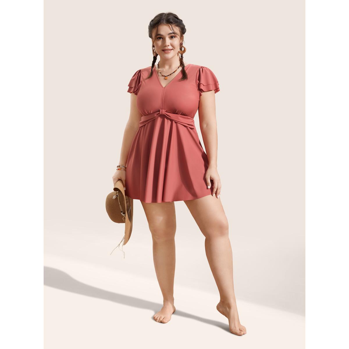 Plus Size Solid Gathered Tiered Ruffle Sleeve Swim Dress Women's Swimwear Rust Beach Bodycon V-neck High stretch Curve Swim Dresses BloomChic 14-16/1X Product Image