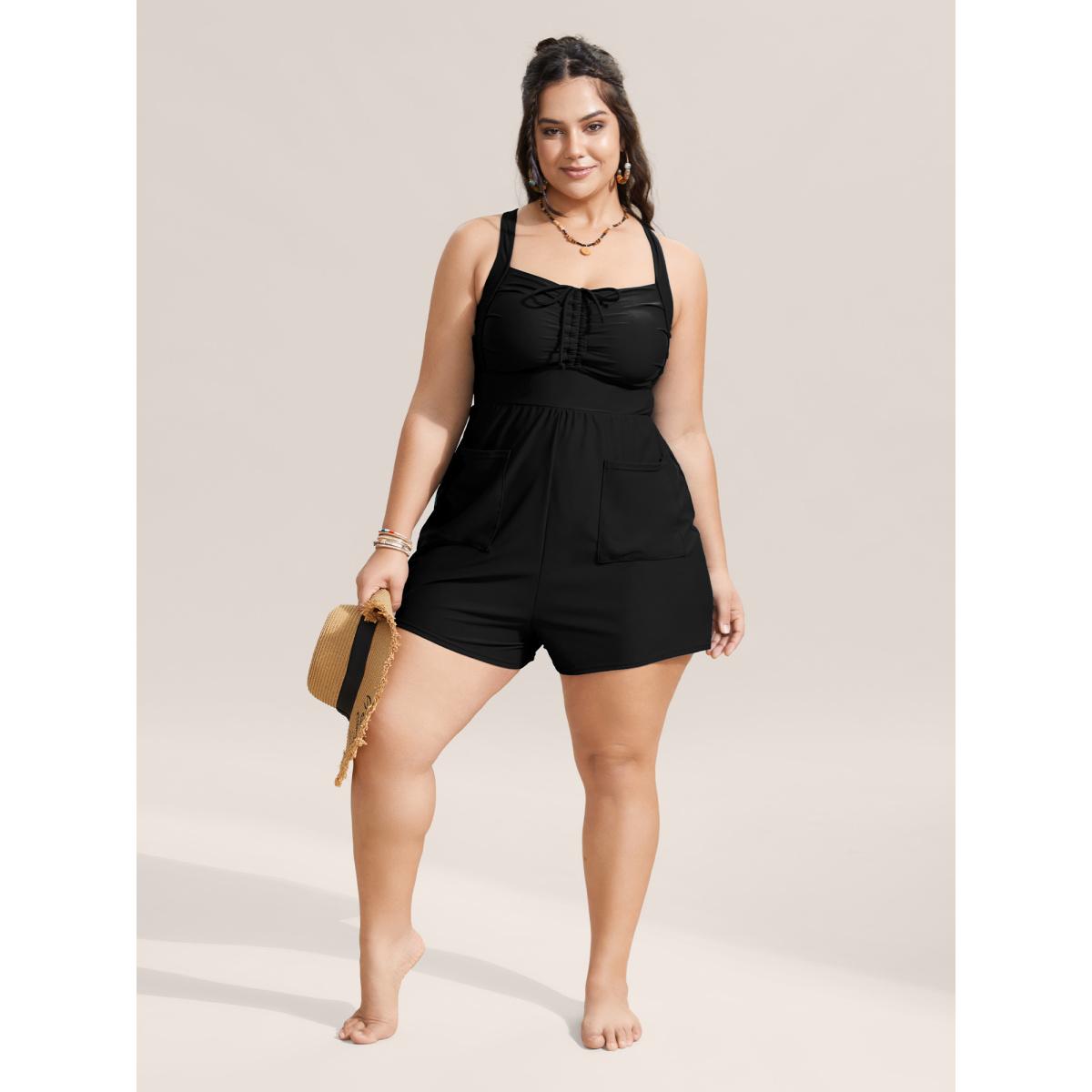 Plus Size Plain Patched Pocket Drawstring One Piece Swimsuit Women's Swimwear Black Resort Gathered Curve Bathing Suits High stretch One Pieces BloomChic 10/M Product Image