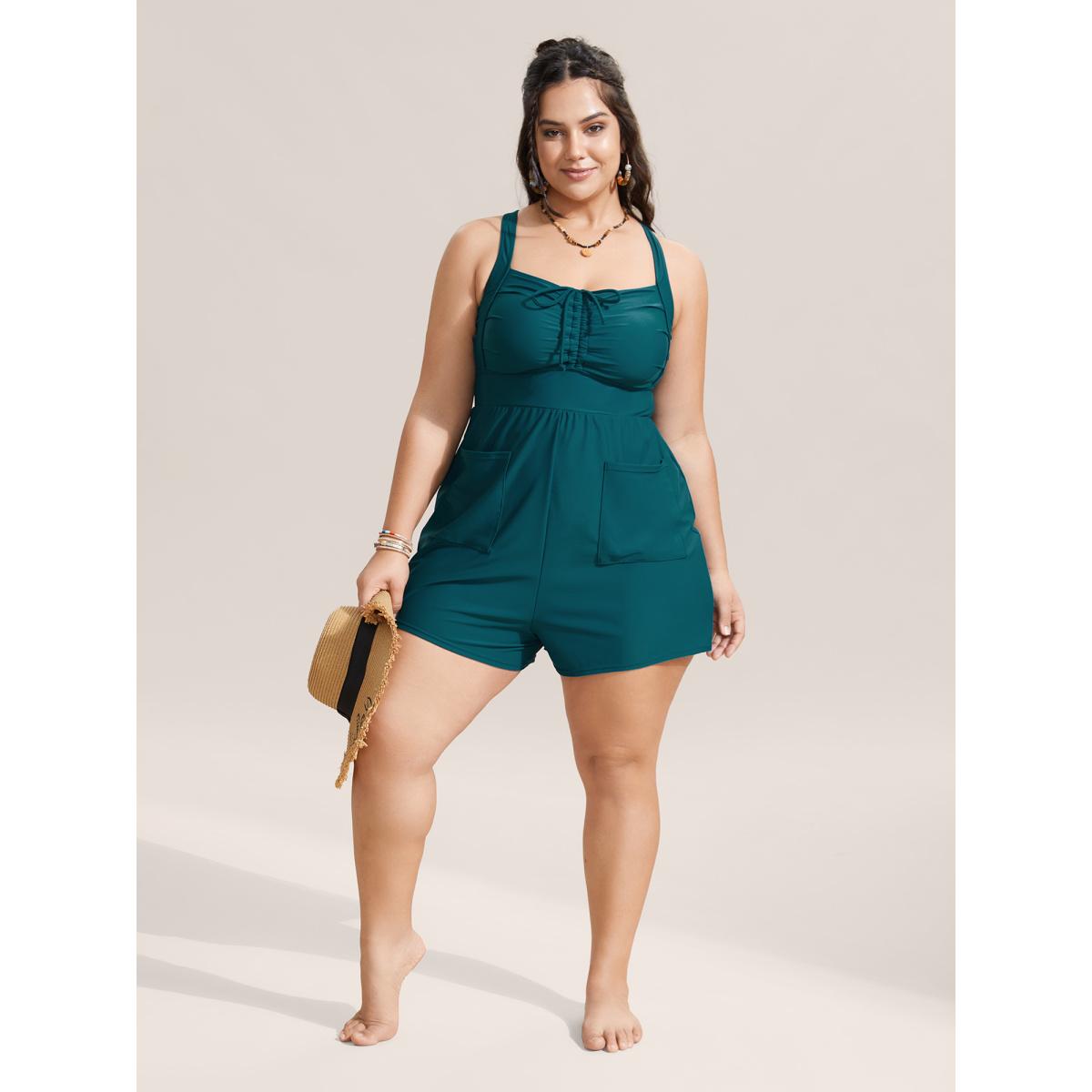 Plus Size Plain Patched Pocket Drawstring One Piece Swimsuit Women's Swimwear Cyan Resort Gathered Curve Bathing Suits High stretch One Pieces BloomChic 10/M Product Image