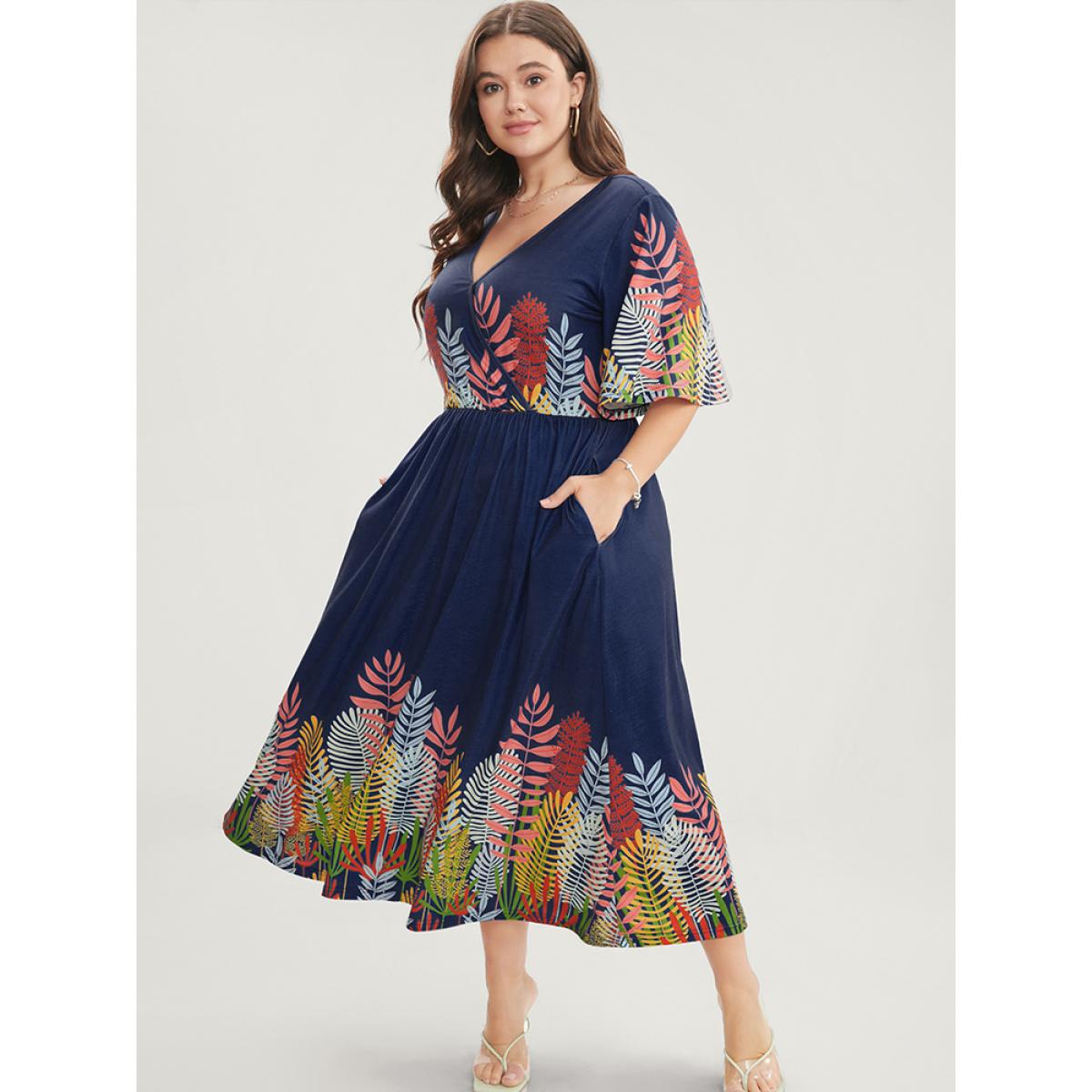 Plus Size Plant Print Surplice Neck Pocket Ruffles Midi Dress Indigo Women Vacation Elastic Waist V-neck Half Sleeve Curvy Long Dress BloomChic 18-20/2X Product Image