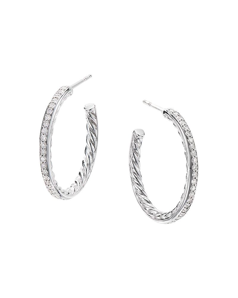 Womens Pav Hoop Earrings in Sterling Silver with Diamonds, 25.4mm Product Image