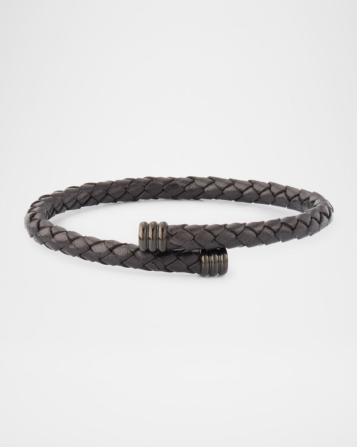 Mens Flexible Braided Leather Bracelet with Stainless Steel Product Image