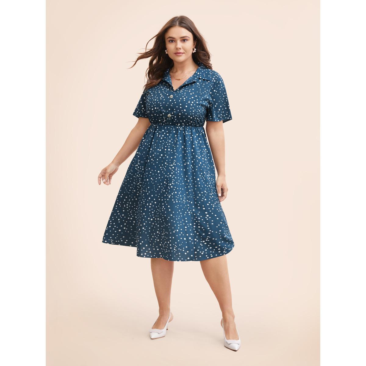 Plus Size Polka Dot Button Detail Split Hem Midi Dress Aegean Women Elegant Button Shirt collar Short sleeve Curvy BloomChic 22-24/3X Product Image